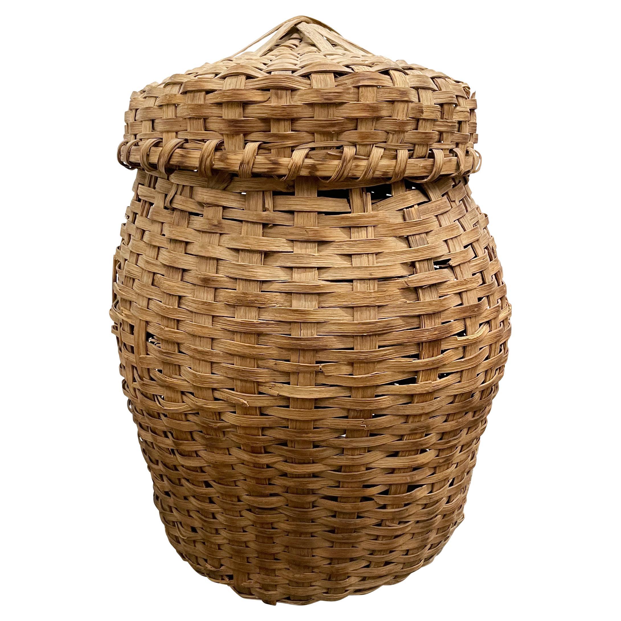 19th Century American Oak Splint Feather Basket