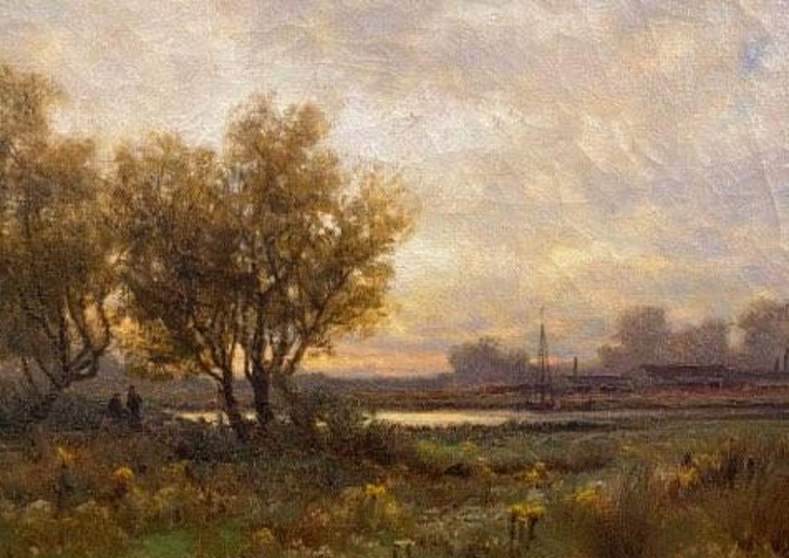 Huile sur toile américaine du 19e siècle représentant un paysage dans un cadre doré.
La scène représente deux personnes marchant parmi des arbres près d'un plan d'eau. Encadré dans un cadre doré qui présente une certaine usure mais qui est