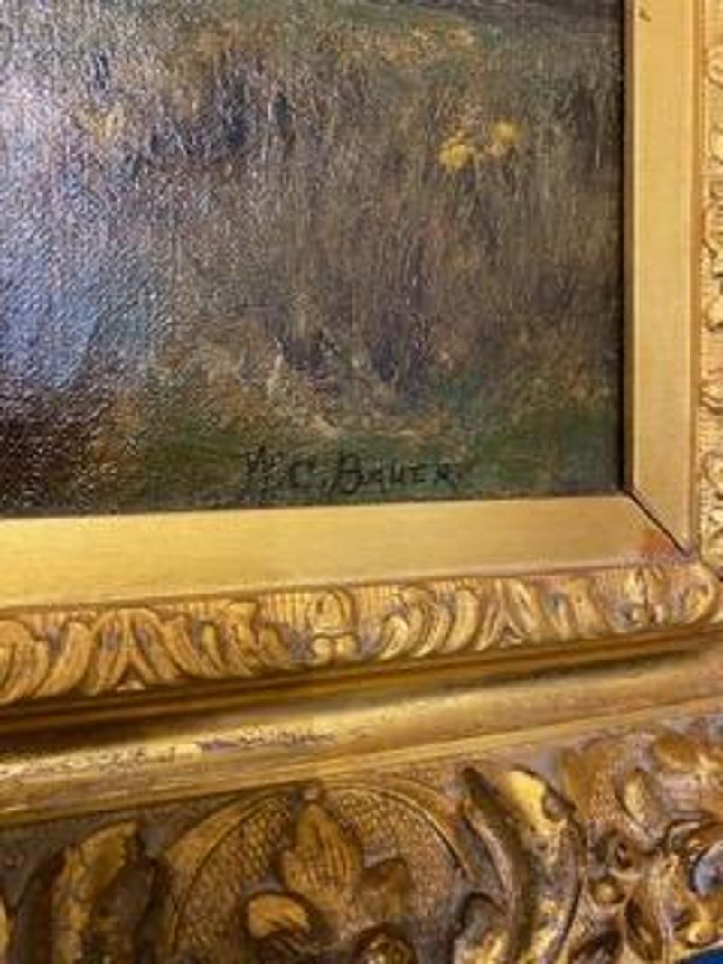 Toile Huile sur toile américaine du 19e siècle représentant un paysage dans un cadre doré en vente