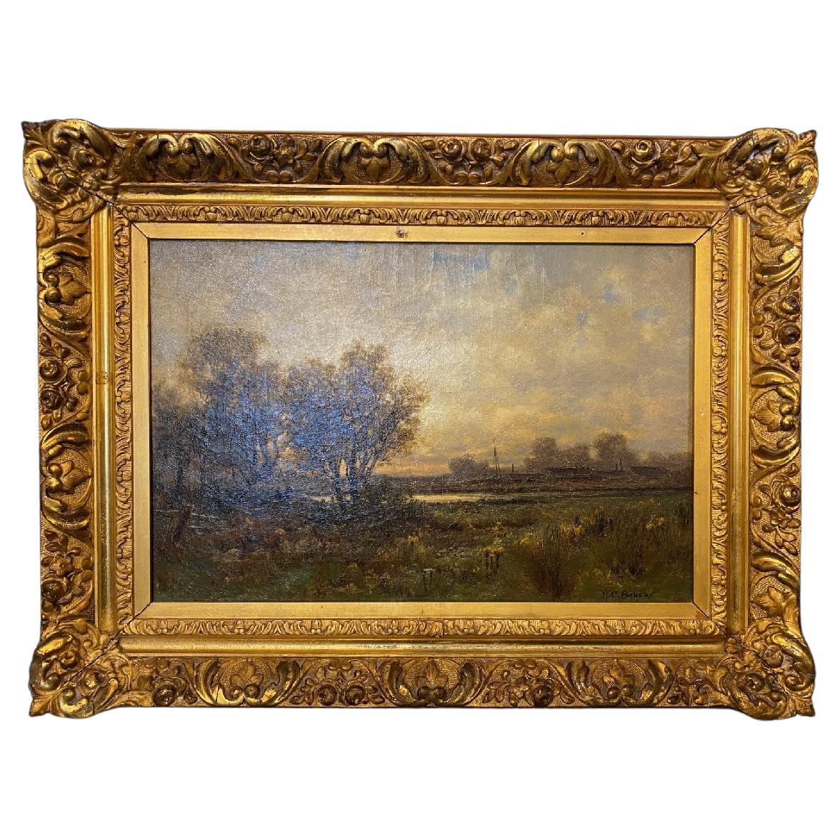 Huile sur toile américaine du 19e siècle représentant un paysage dans un cadre doré en vente
