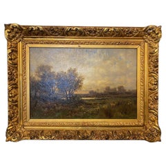 Antique 19th Century American Oil on Canvas Painting of Landscape in Gold Gilt Frame