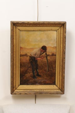 19th Century American Oil on Canvas Portrait of Man Honing a Scythe