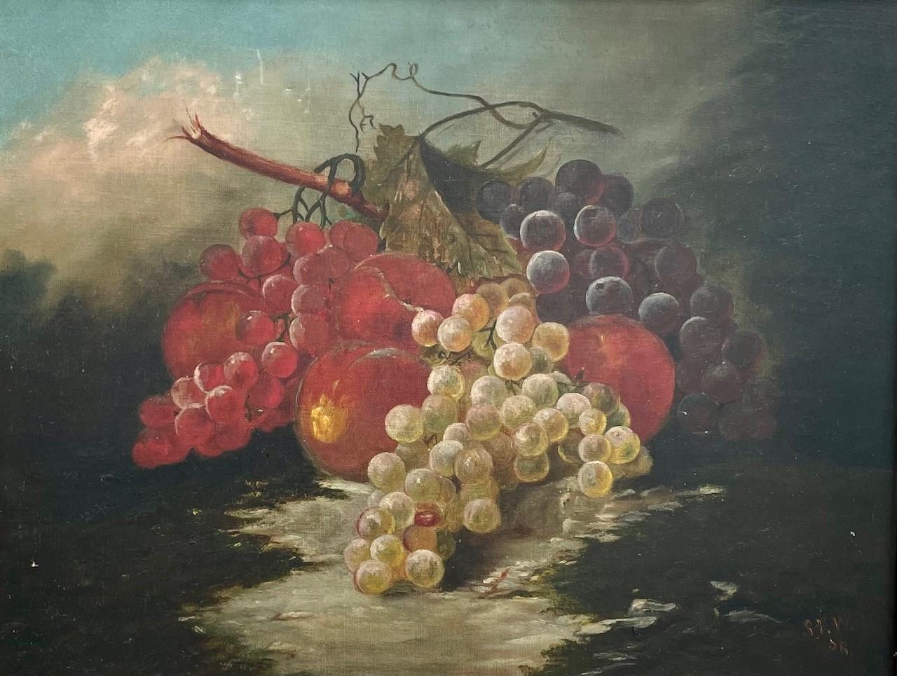 19th century American oil painting still life with fruit and grapes.

Beautiful and masterfully executed still life oil painting depicting grapes and fruit against a blue sky. This work is monogrammed and dated ‘88 (1888). It was received in the