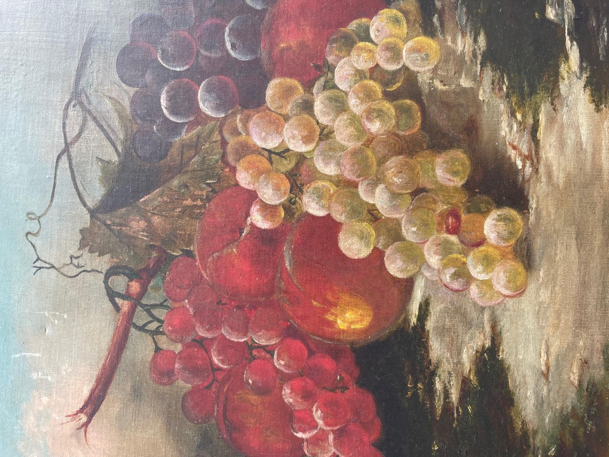 Peint à la main Peinture à l'huile américaine du XIXe siècle - Nature morte avec fruits et raisins en vente