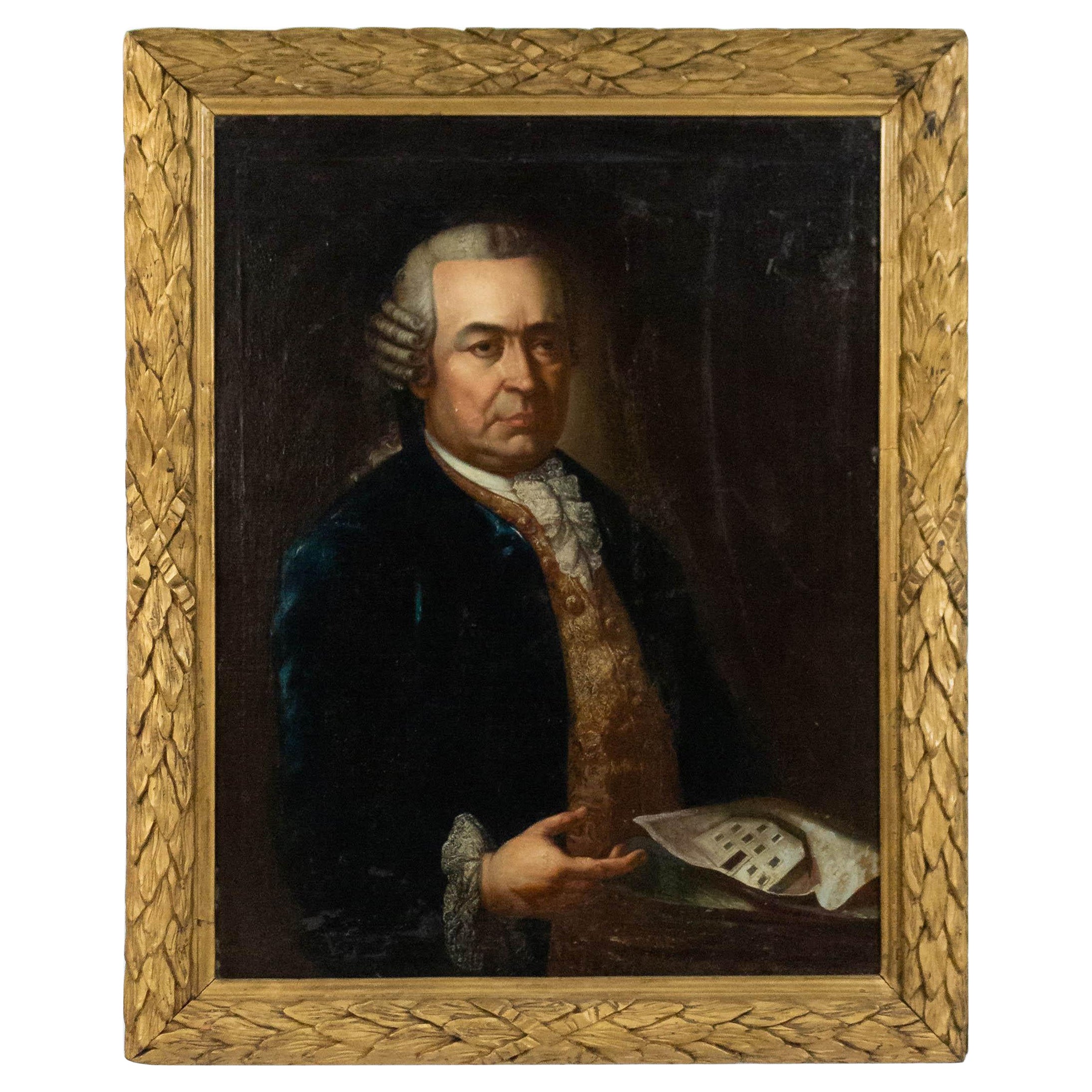 Portrait à l'huile américain du 19ème siècle d'un homme encadré avec un manteau bleu en vente