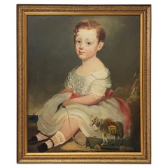 Antique 19th Century American Oil Portrait of a Young Girl with Her Toy Horse