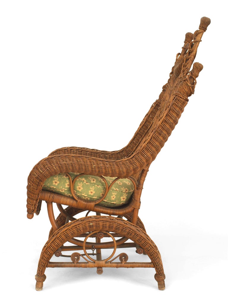 19th Century American Ornate High Back Wicker Rocking Chair For Sale at