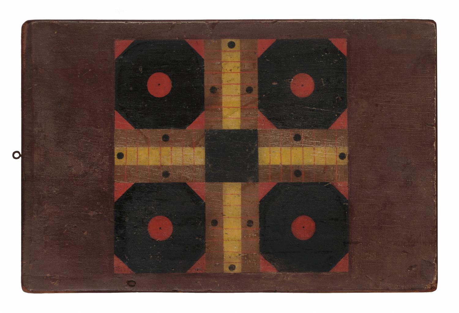 19th century American Parcheesi board in four colors, with great surface and interesting graphics, circa 1850-1870

19th century American Parcheesi game board in black, gold, and yellow, on a rich, chocolate brown background with very attractive