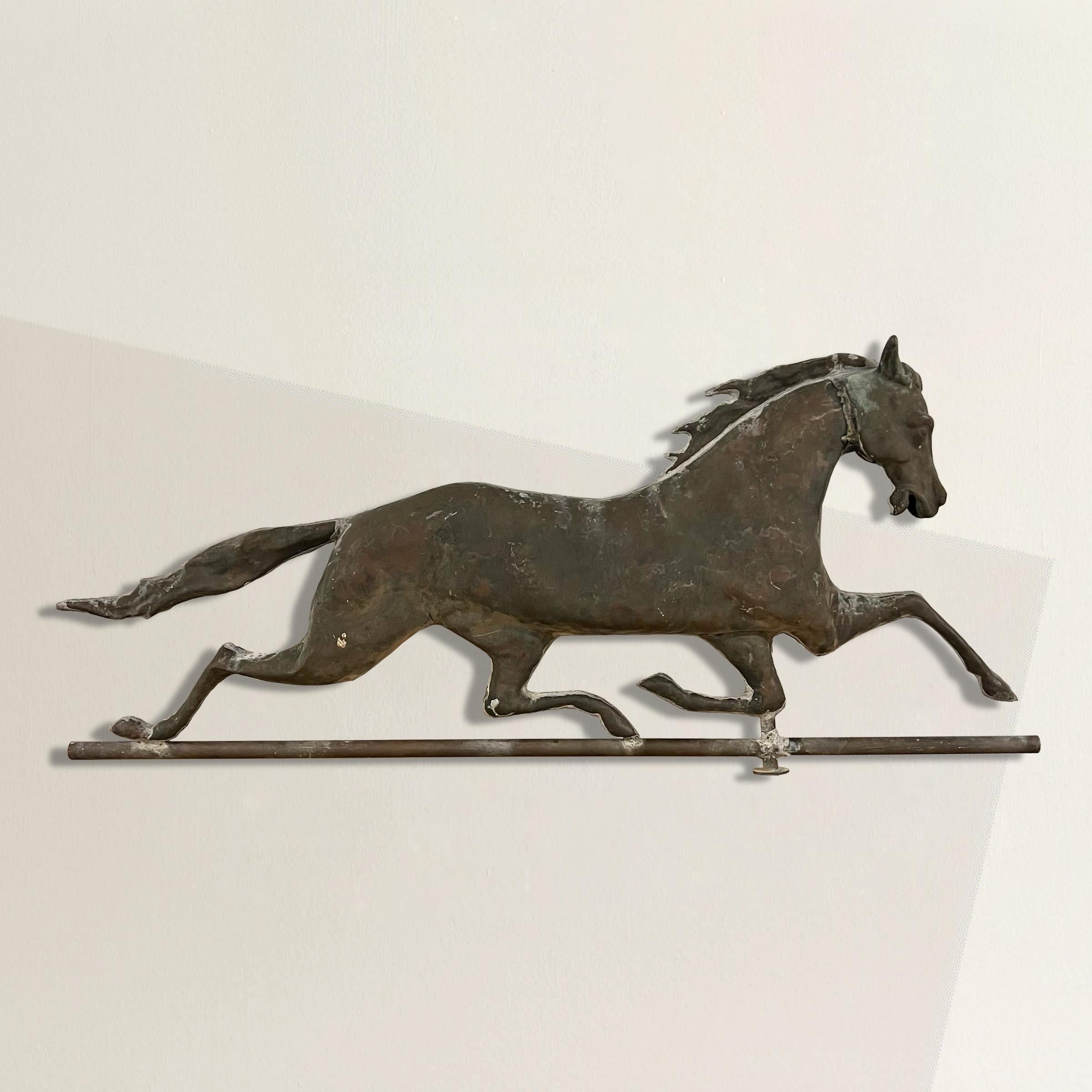 Behold the magnificence of this rare and exceptional 19th century American full-bodied Patchen horse weathervane by E. G. Washburne & Co. Crafted with meticulous attention to detail, this weathervane showcases the remarkable artistry and ingenuity