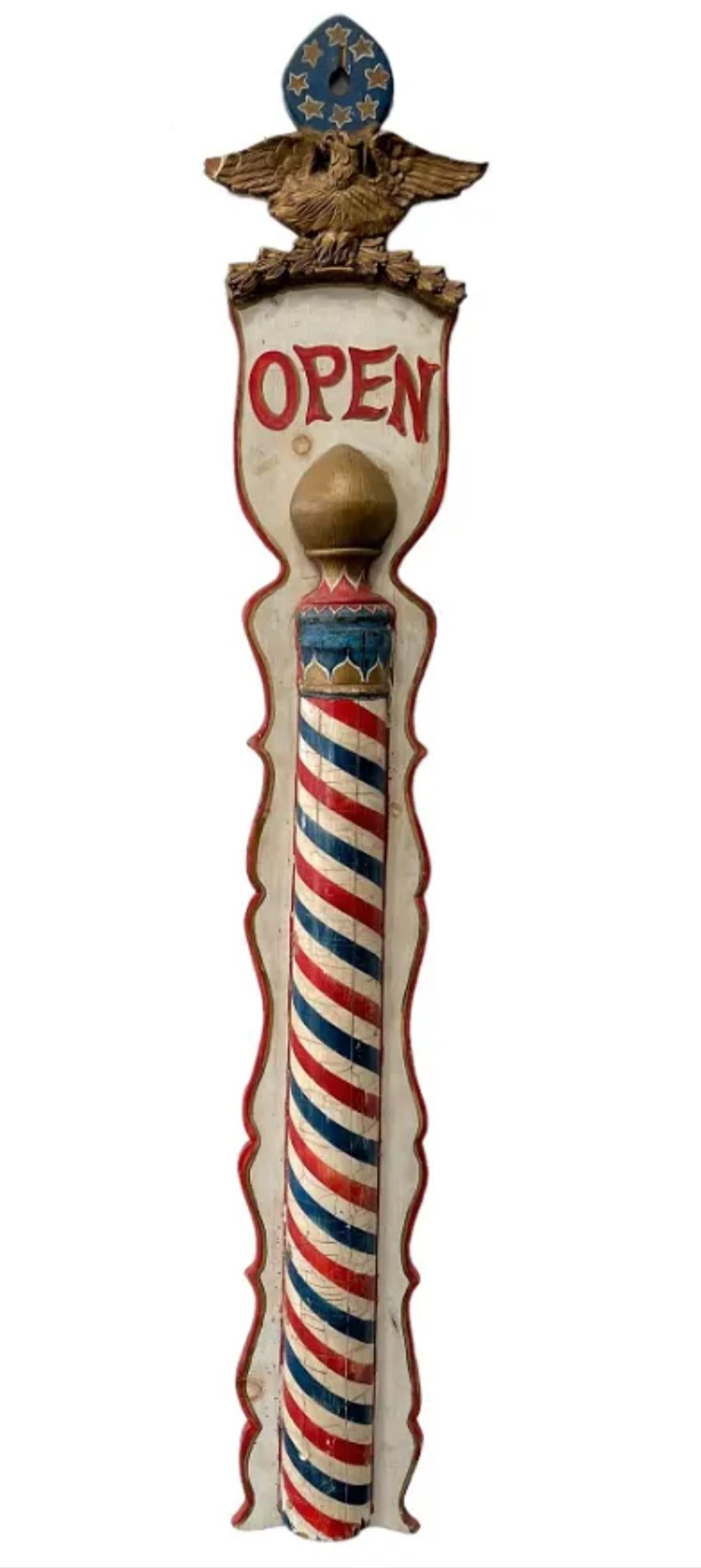 A rare, likely one-of-a-kind, large antique, circa 1860s, early American hand carved, painted, and sculpted wooden patriotic barber pole advertising trade sign / open sign. 

Mid-19th century, Southern United States, surmounted by stylized eight