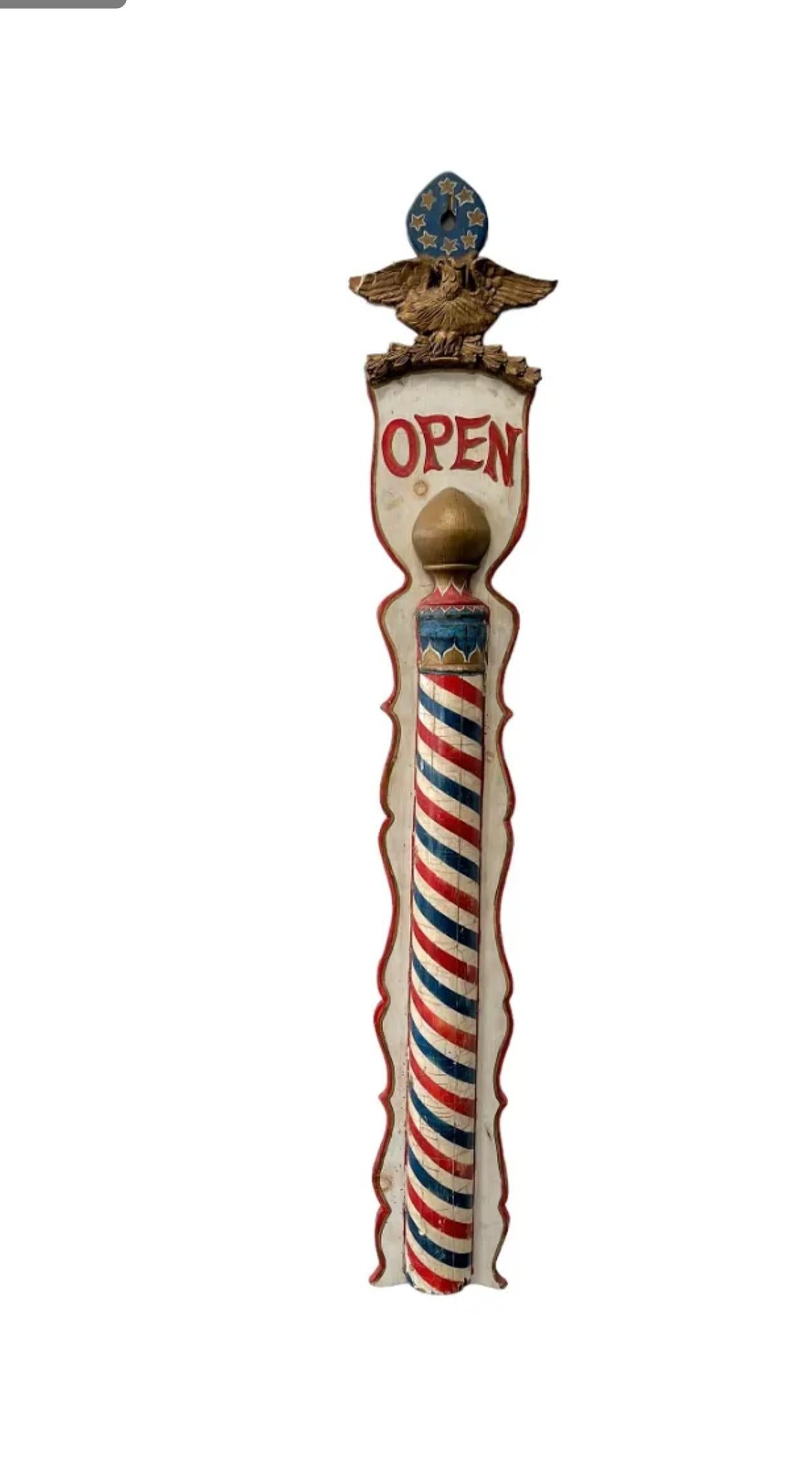 Wood 19th Century American Patriotic Barber Pole Open Sign Folk Art For Sale