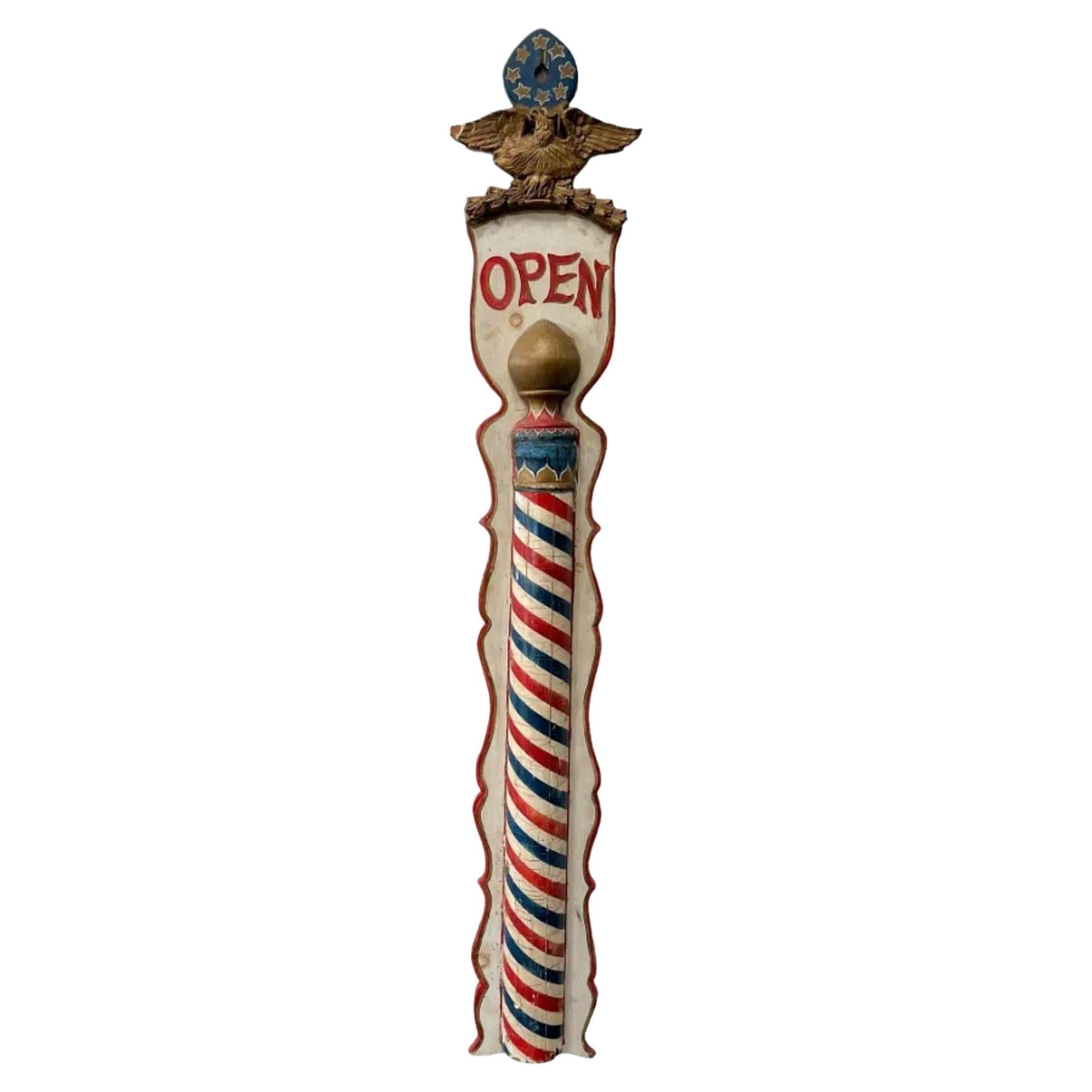 Amerikanische patriotische Barber Pole, offenes Schild, Volkskunst des 19. Jahrhunderts