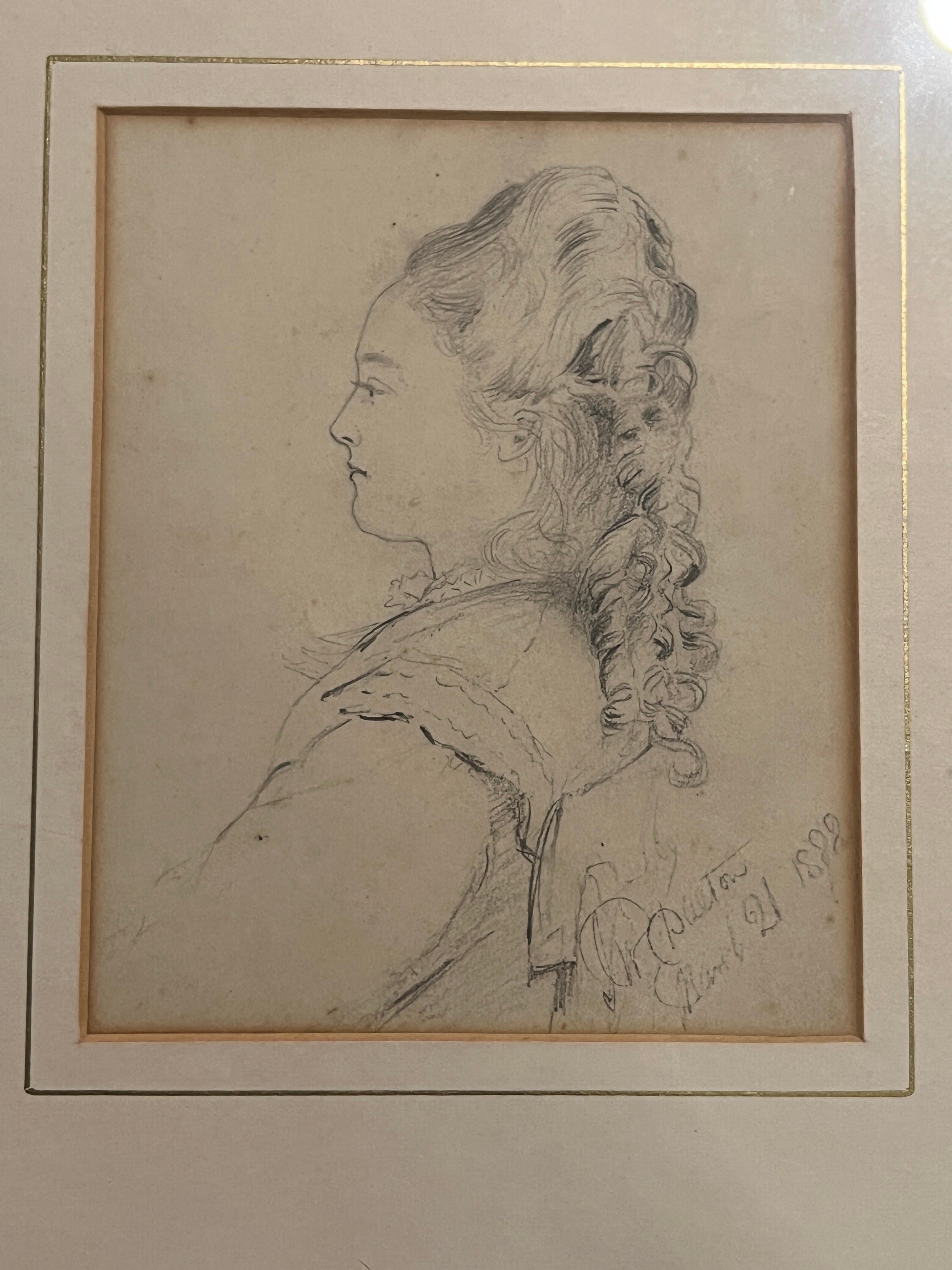 Giltwood 19th Century, American Pencil Drawing of Ann Eugene Dalton Circa 1888. For Sale
