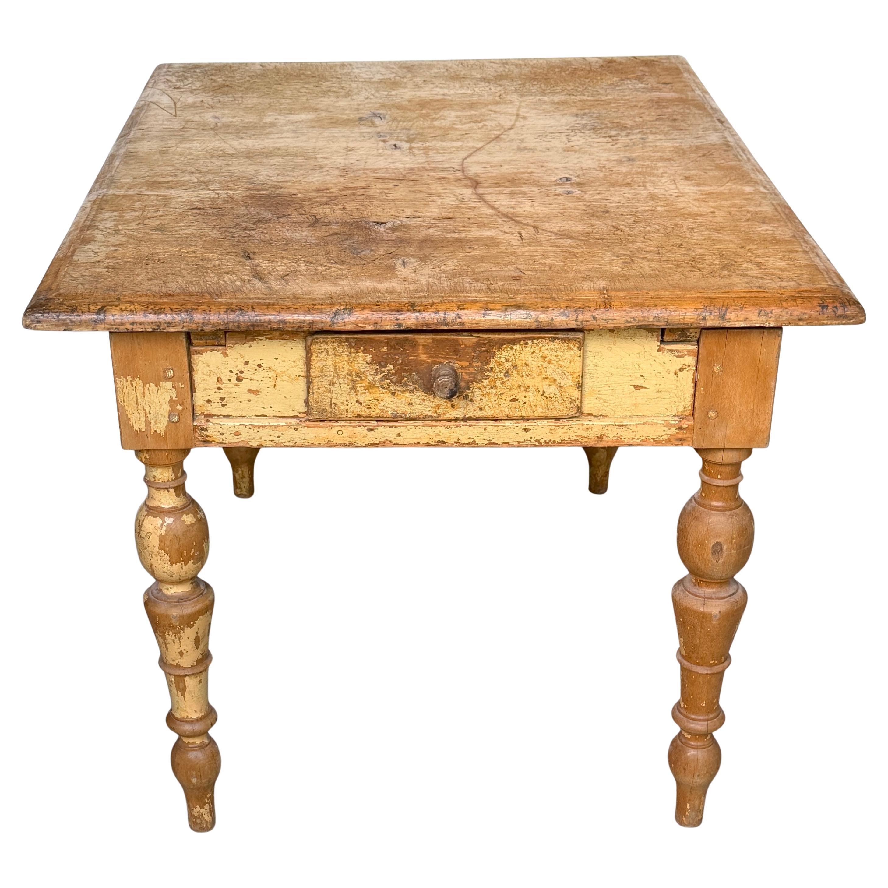 19th-Century American Pine Farm Table Original Surface, One Drawer For Sale