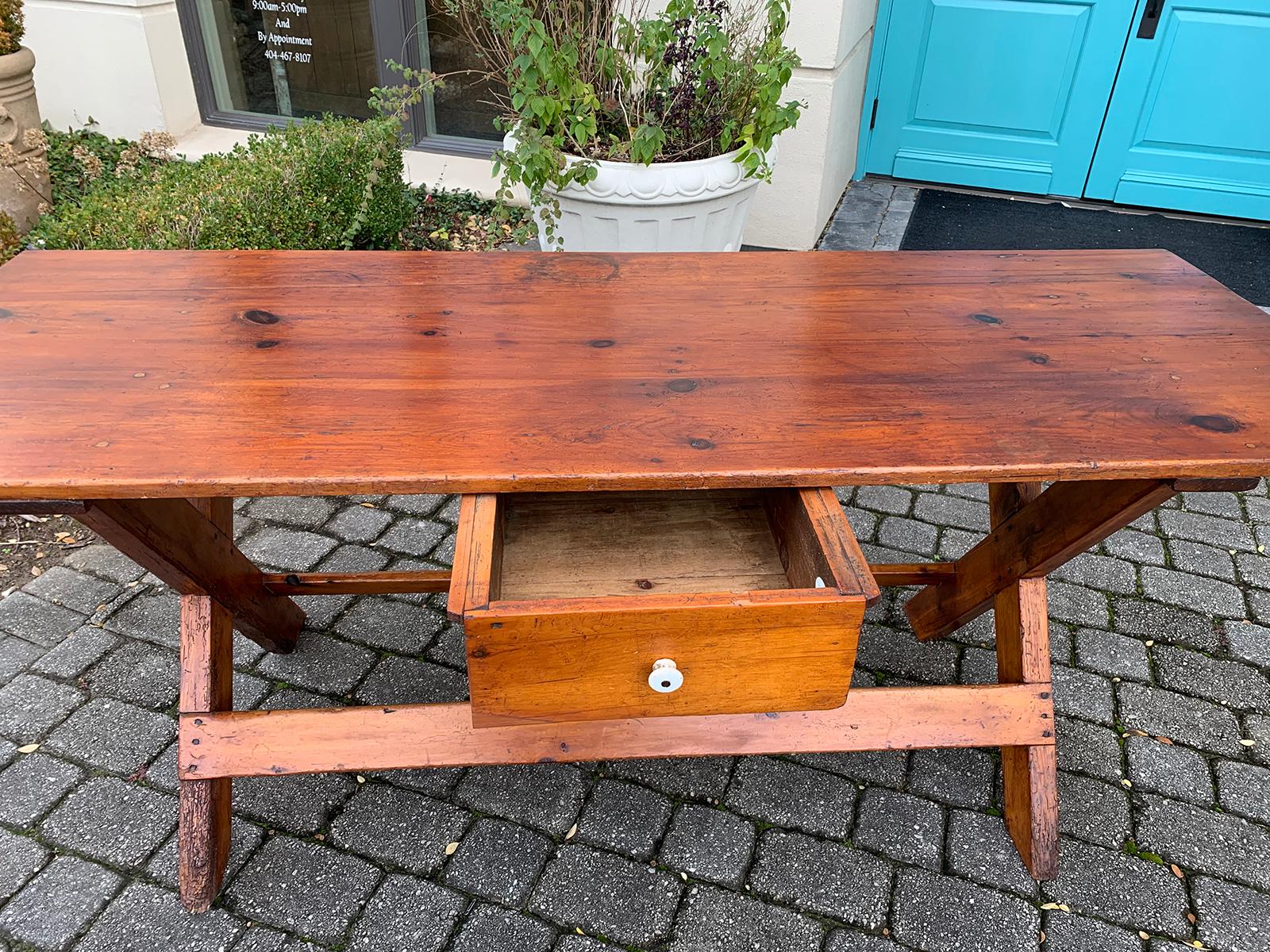 19th Century American Pine Sawbuck Dining Table or Console with Drawer For Sale 3
