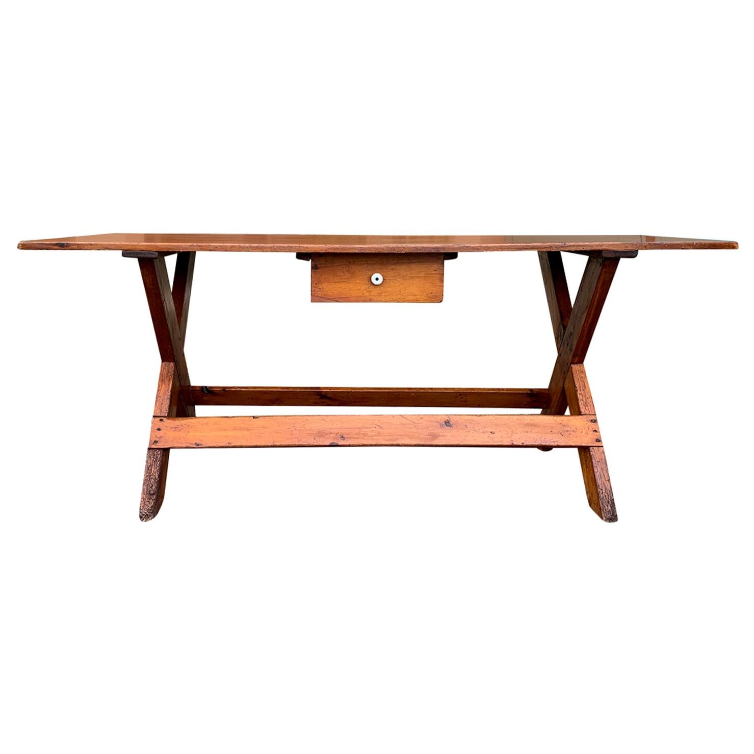 19th Century American Pine Sawbuck Dining Table or Console with Drawer For Sale