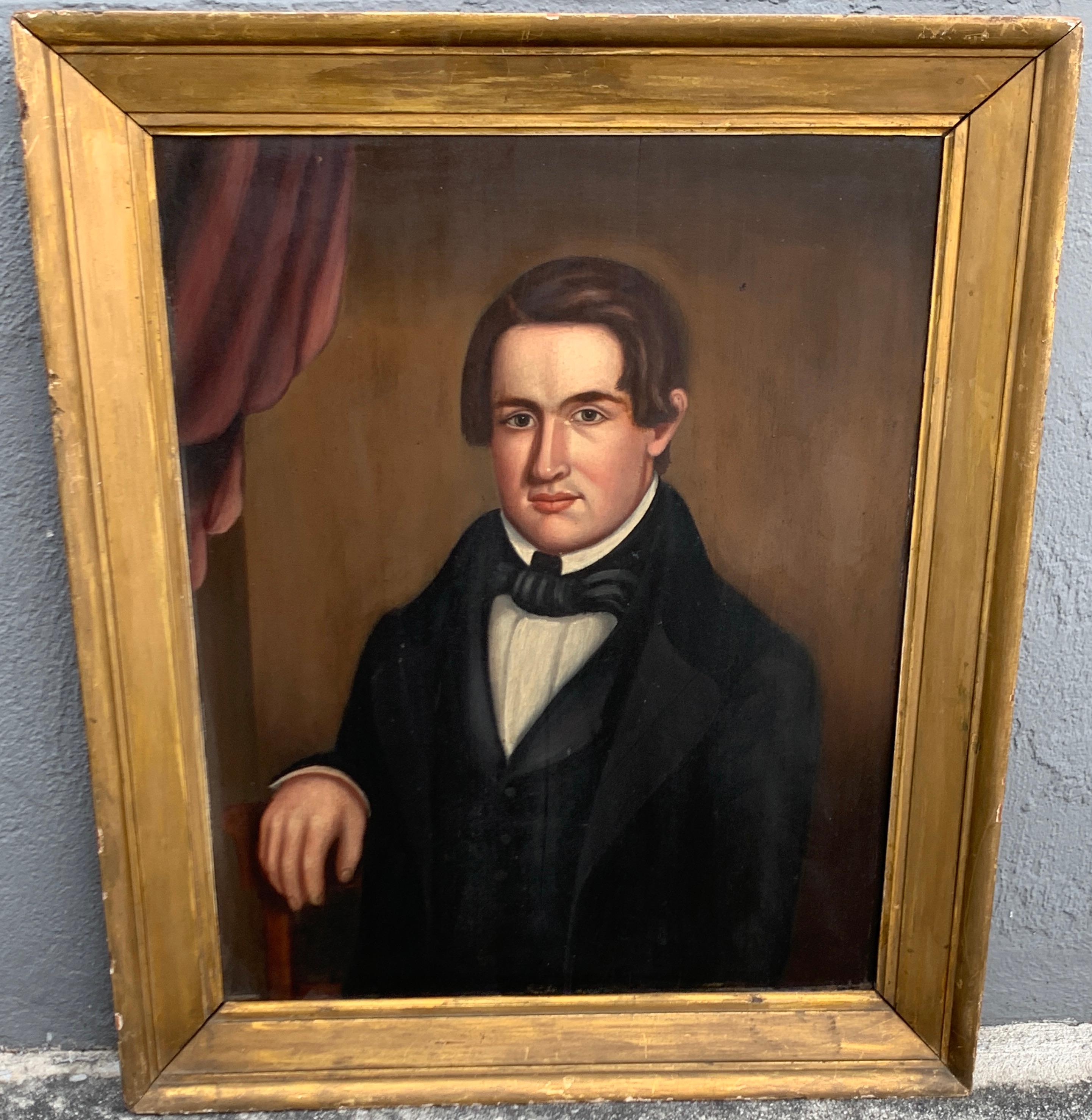 A fine 19th century American portrait of a NY Handsome Bachelor, Norman pearl, circa 1855
The handsome Mr. Pearl dressed in a black suit and white shirt, seated in a draped setting with his right hand raised. Apparently unsigned. Retains original