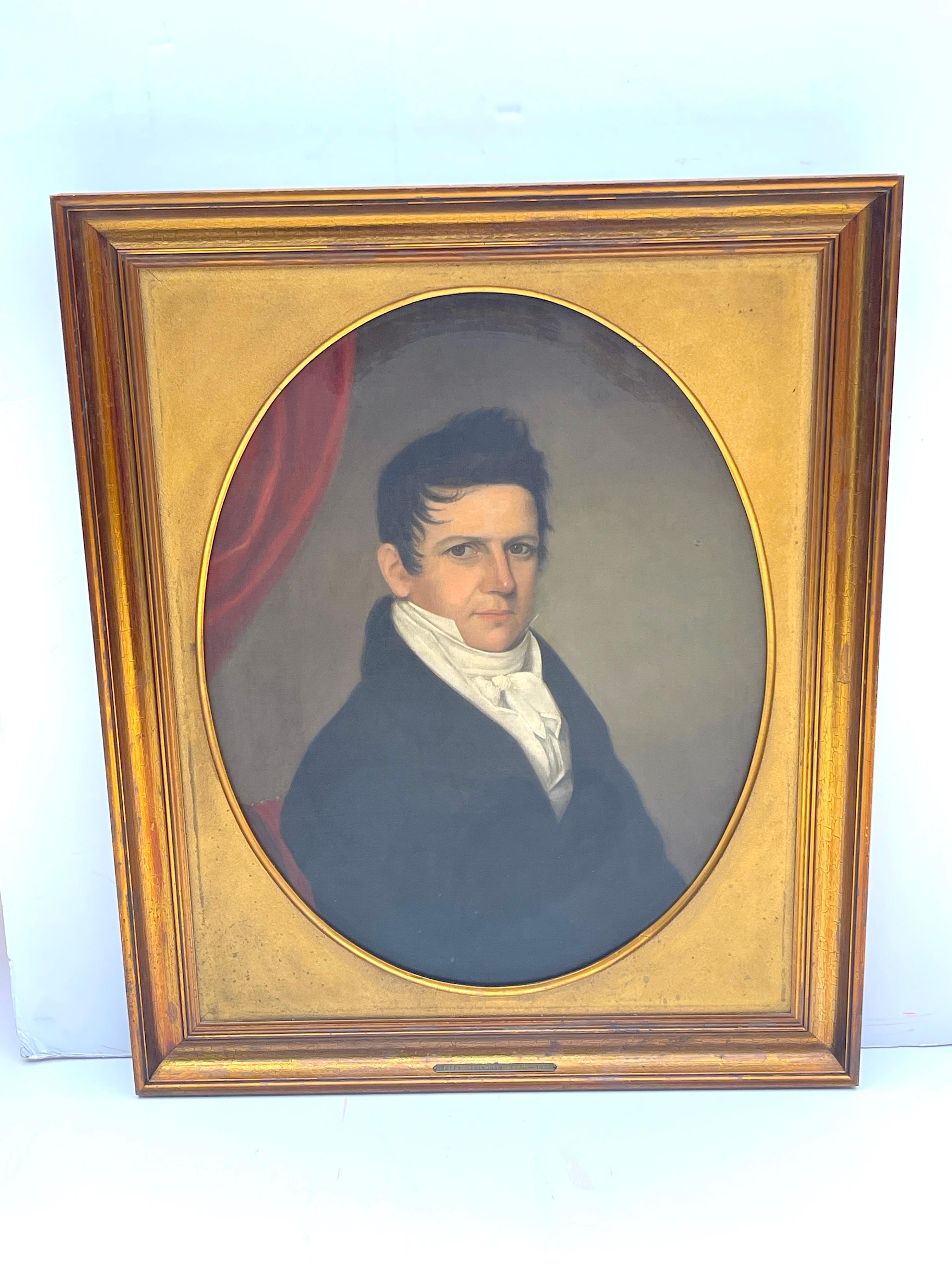 Portrait américain du XIXe siècle de Joseph Stringham (1776-1834)
Huile sur toile
Cadre en bois doré plus tardif

Voici un exquis portrait américain du XIXe siècle de Joseph Stringham (1776-1834), réalisé à l'huile sur toile et élégamment encadré