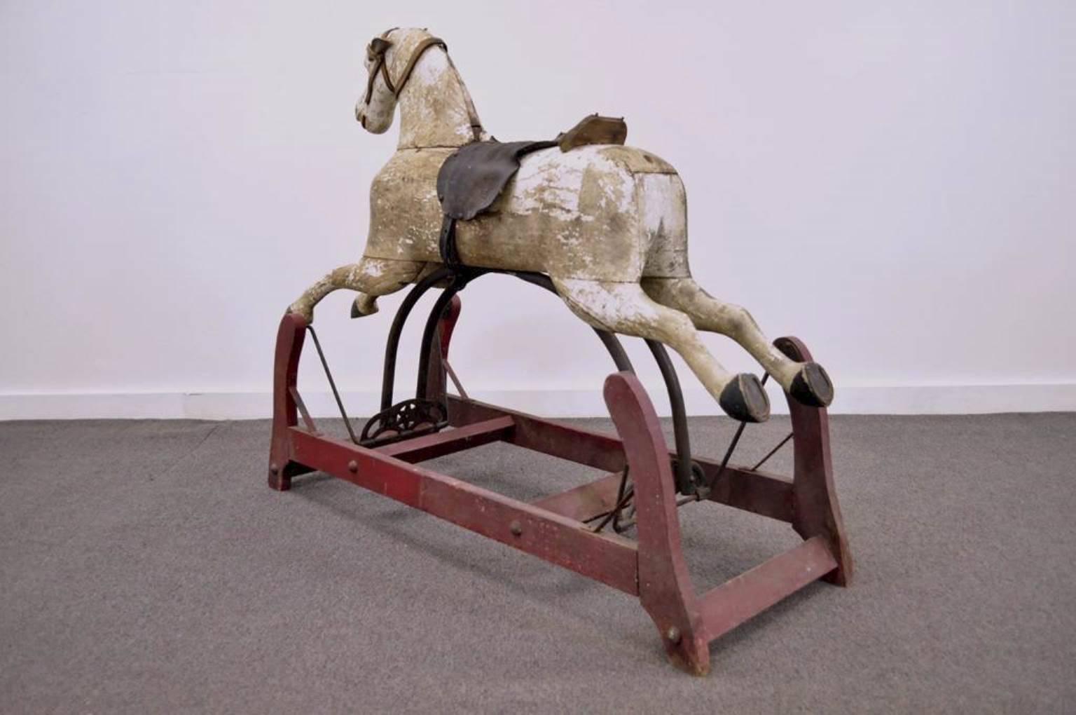19th Century American Primitive Carved Wood Cast Iron Glider Rocking Hobby Horse For Sale 4