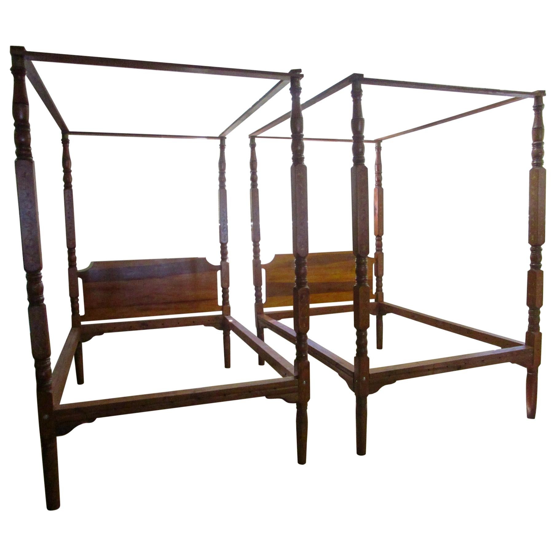 19th Century American Primitive Double Bed Pair with Canopies