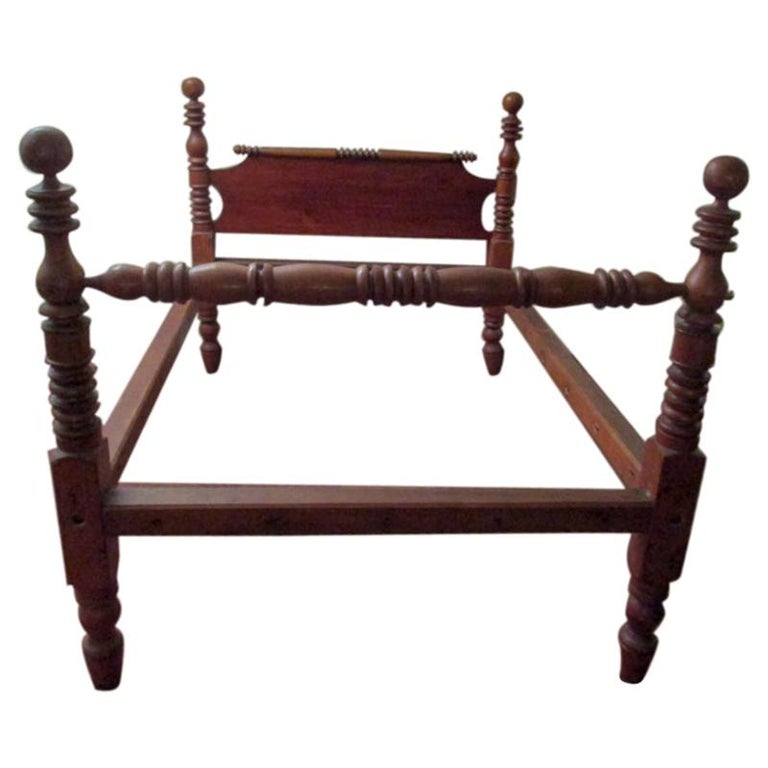 19th Century American Primitive Maple Bed with Turned Posts For Sale at