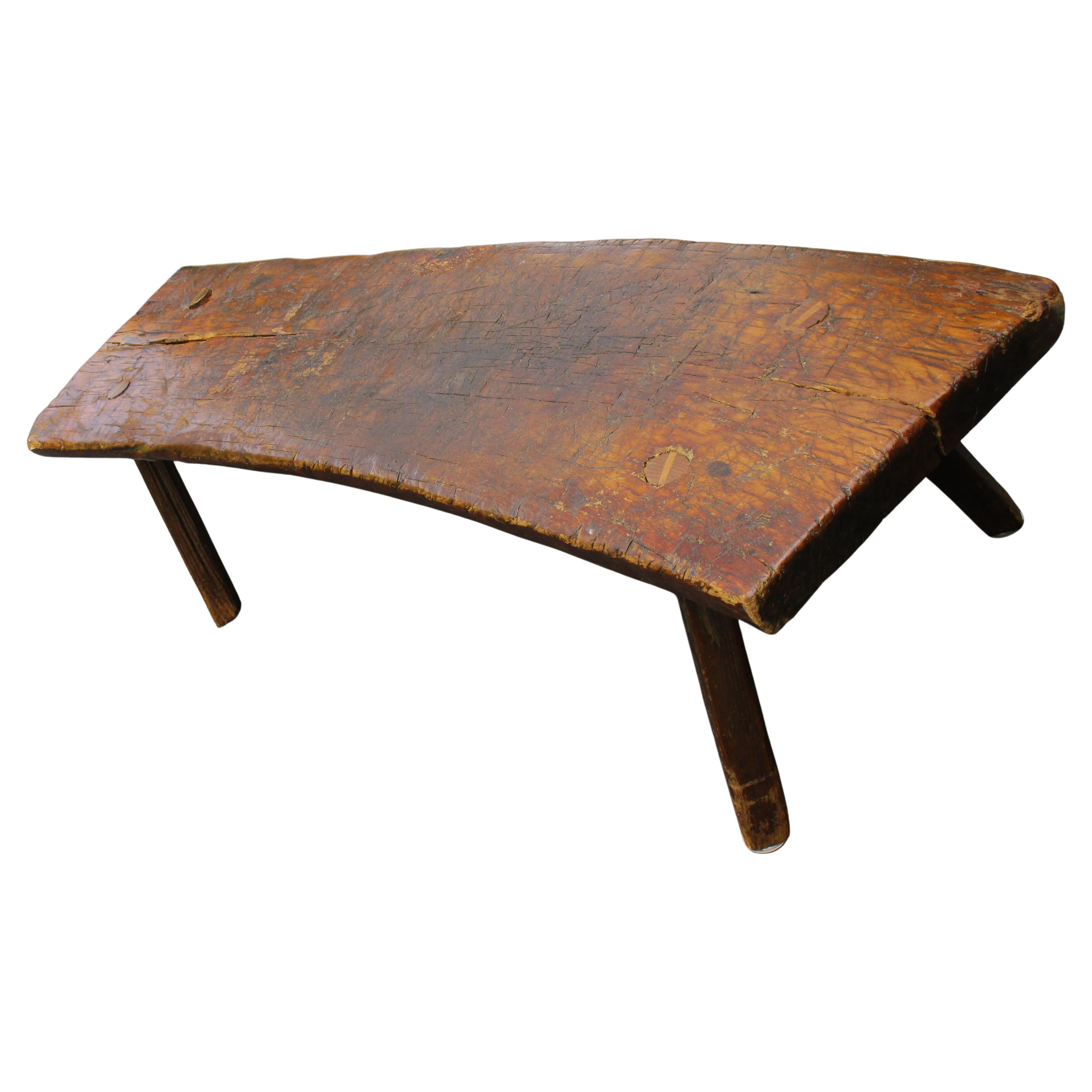 Hand-Carved 19th Century American Primitive Slab Bench For Sale