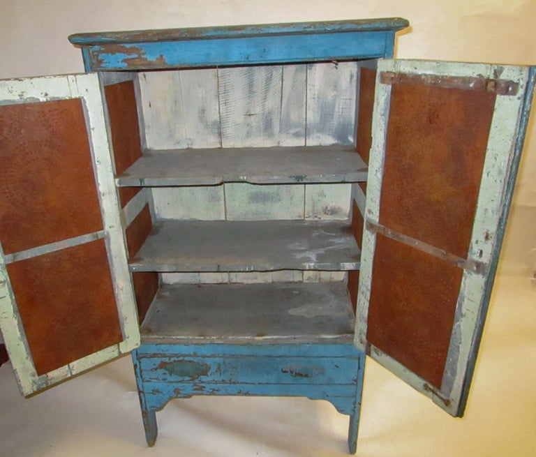 Late 19th Century 19th Century American Primitive Southern Pie Safe with Distressed Blue Paint For Sale