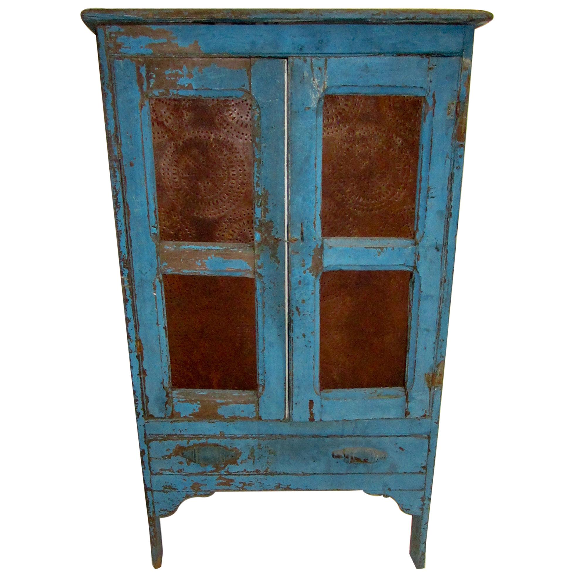 19th Century American Rustic Southern Pie Safe with Distressed Blue Paint