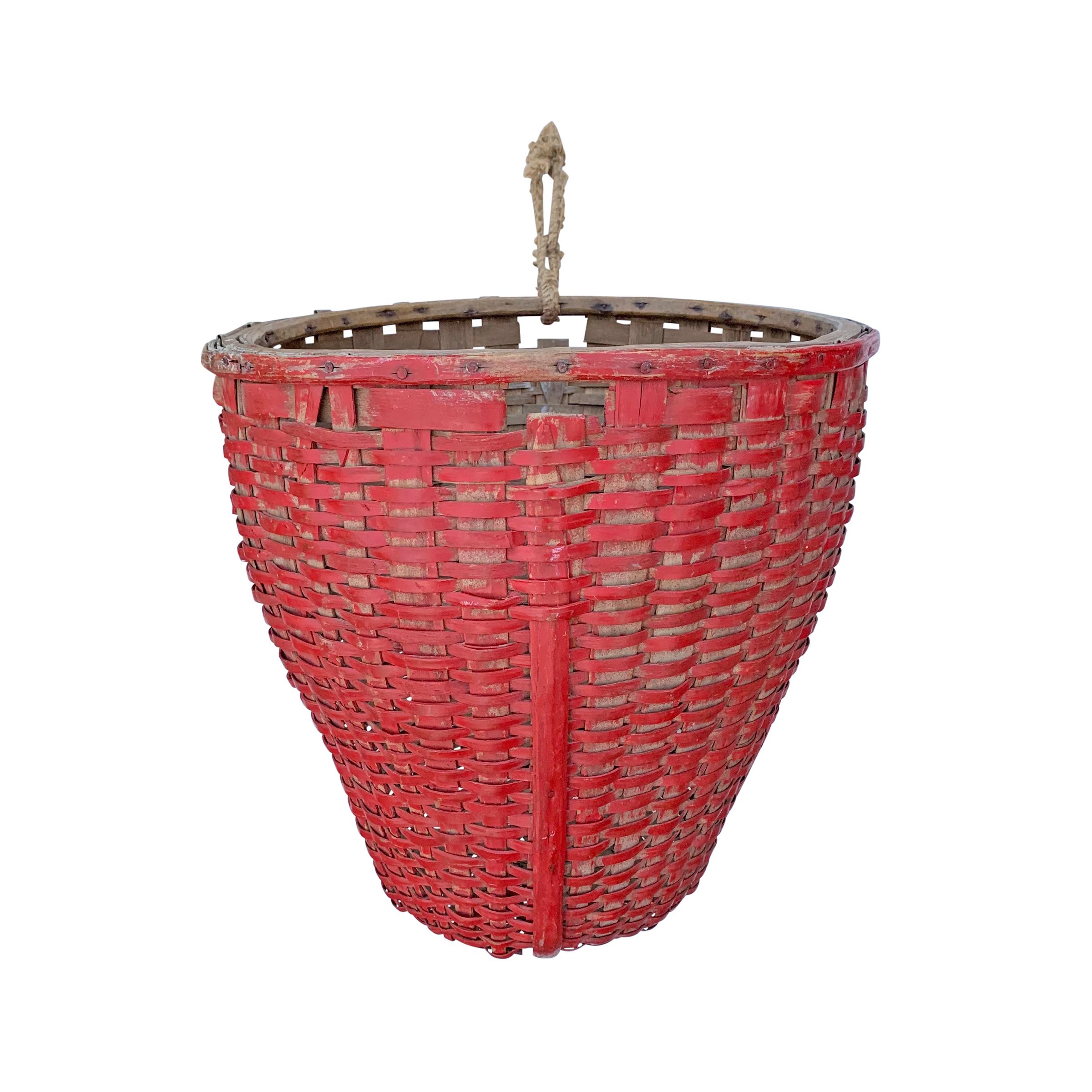 Rustic 19th Century American Red Painted Gathering Basket For Sale