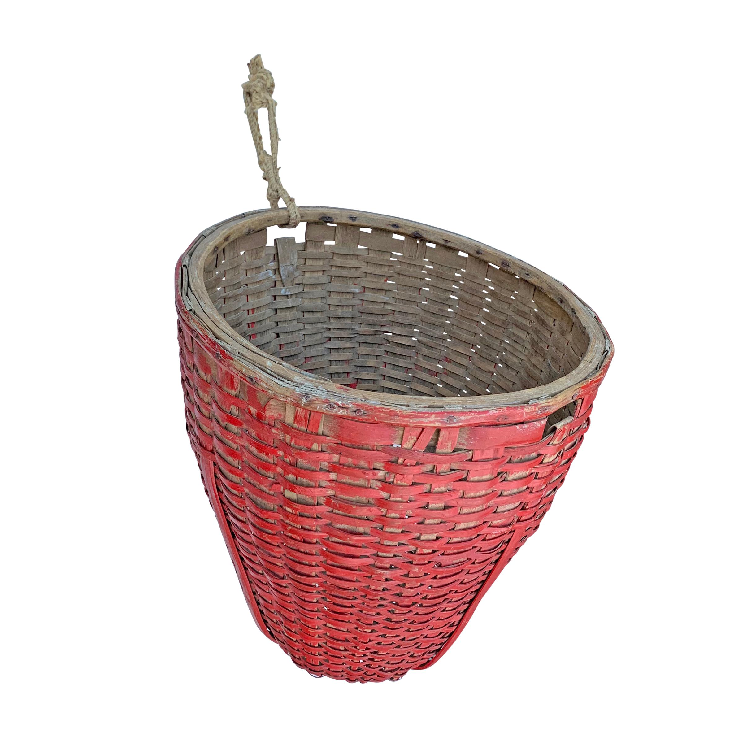 Hand-Woven 19th Century American Red Painted Gathering Basket For Sale