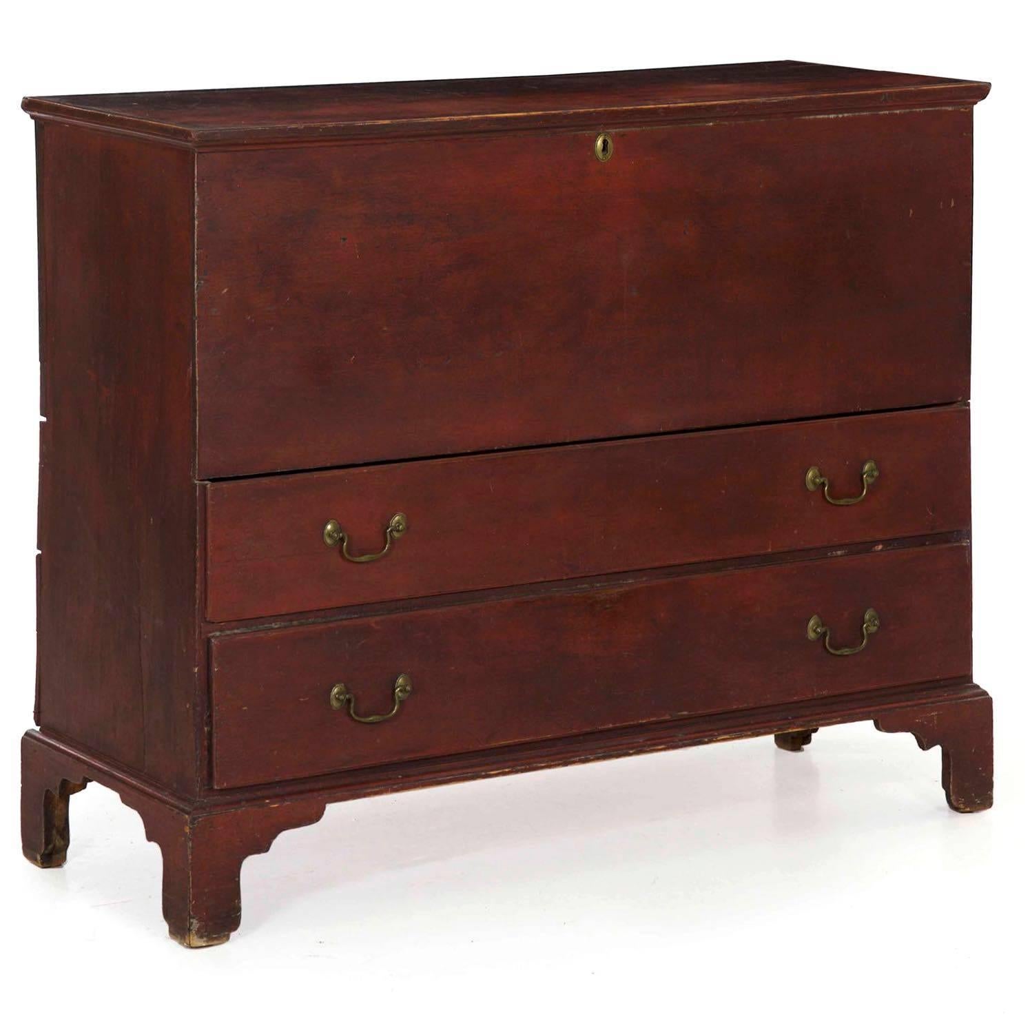 Hand-Painted 19th Century American Red Painted Mule Blanket Chest of Drawers