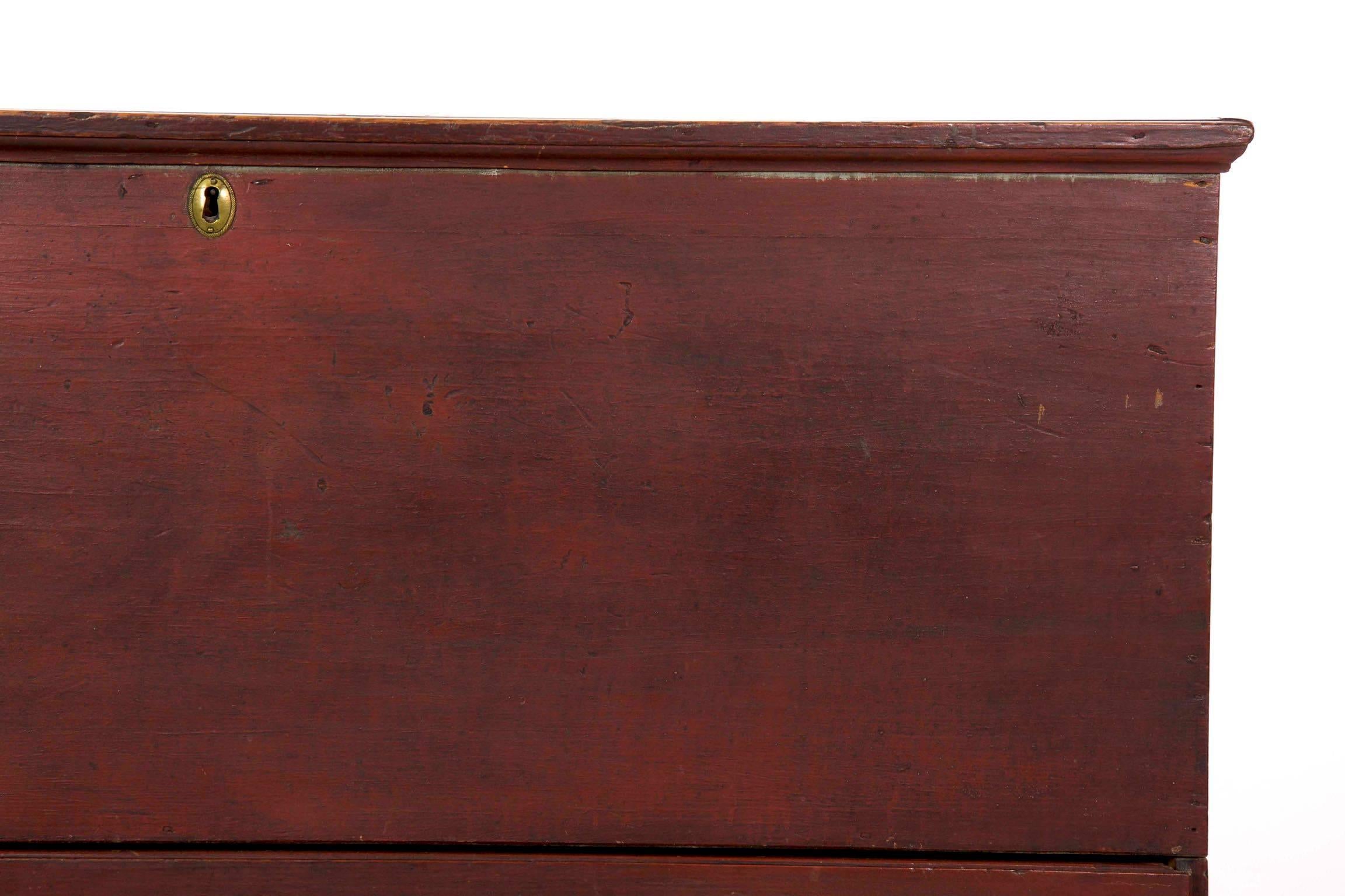 Brass 19th Century American Red Painted Mule Blanket Chest of Drawers