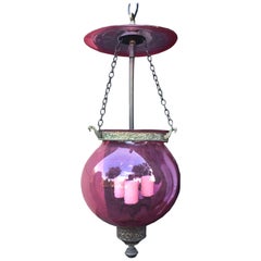 19th Century American Rose Tinted Glass and Brass Bell Jar Three-Light Lantern