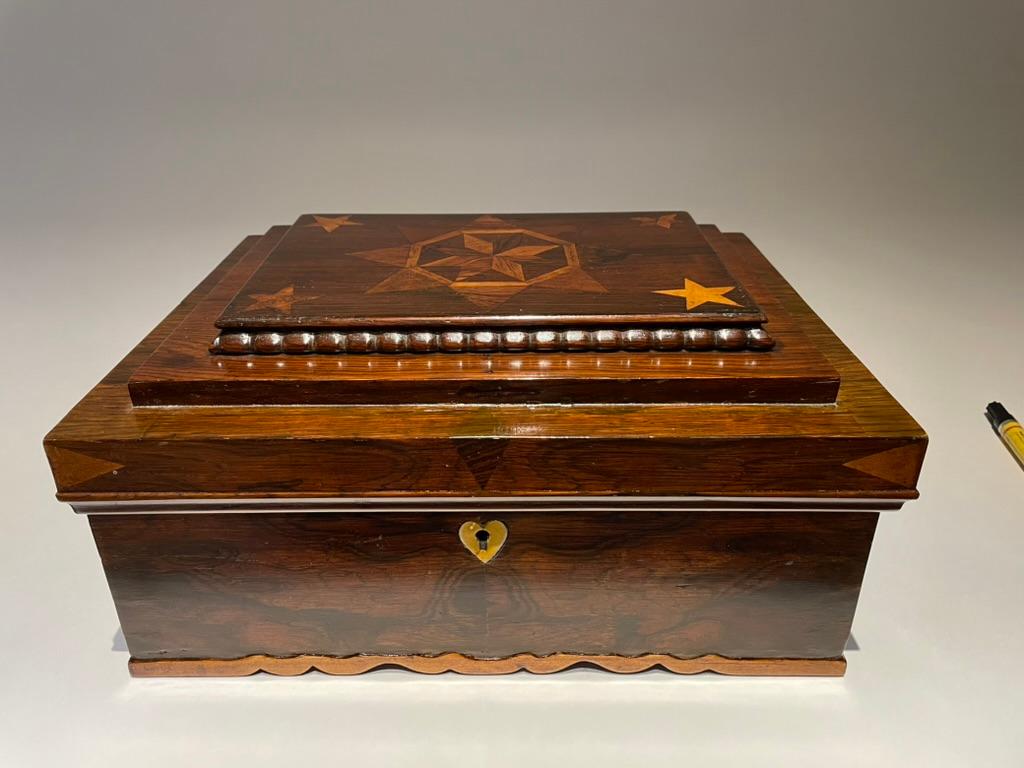19th Century American Rosewood Box With Fruit Wood Star Inlay, Fun Interior For Sale 1