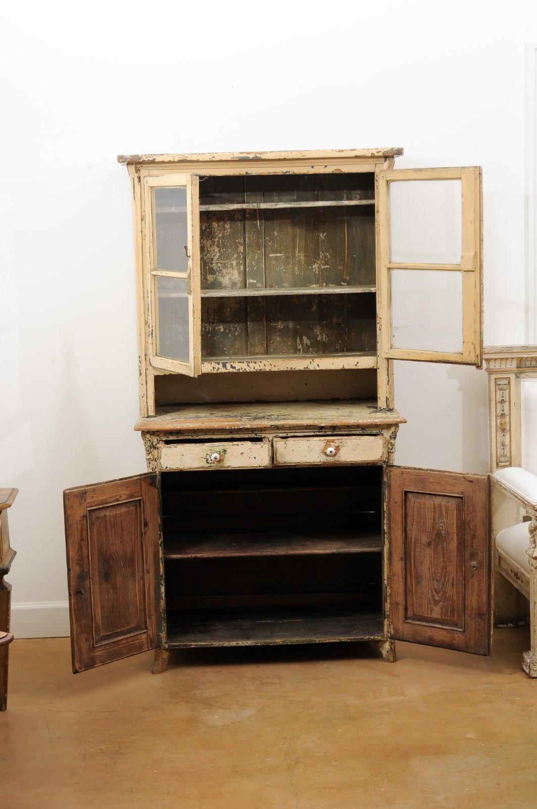 Painted 19th Century American Rustic Cabinet with Glass Doors and Distressed Finish