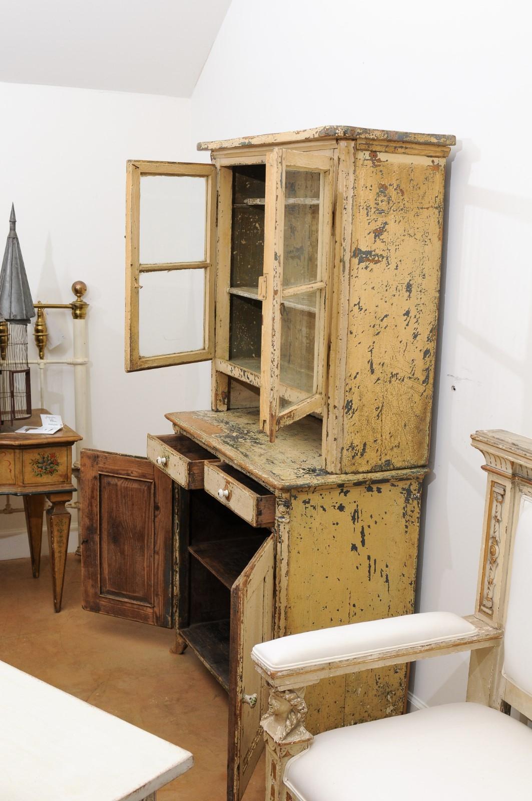 19th Century American Rustic Cabinet with Glass Doors and Distressed Finish In Good Condition In Atlanta, GA