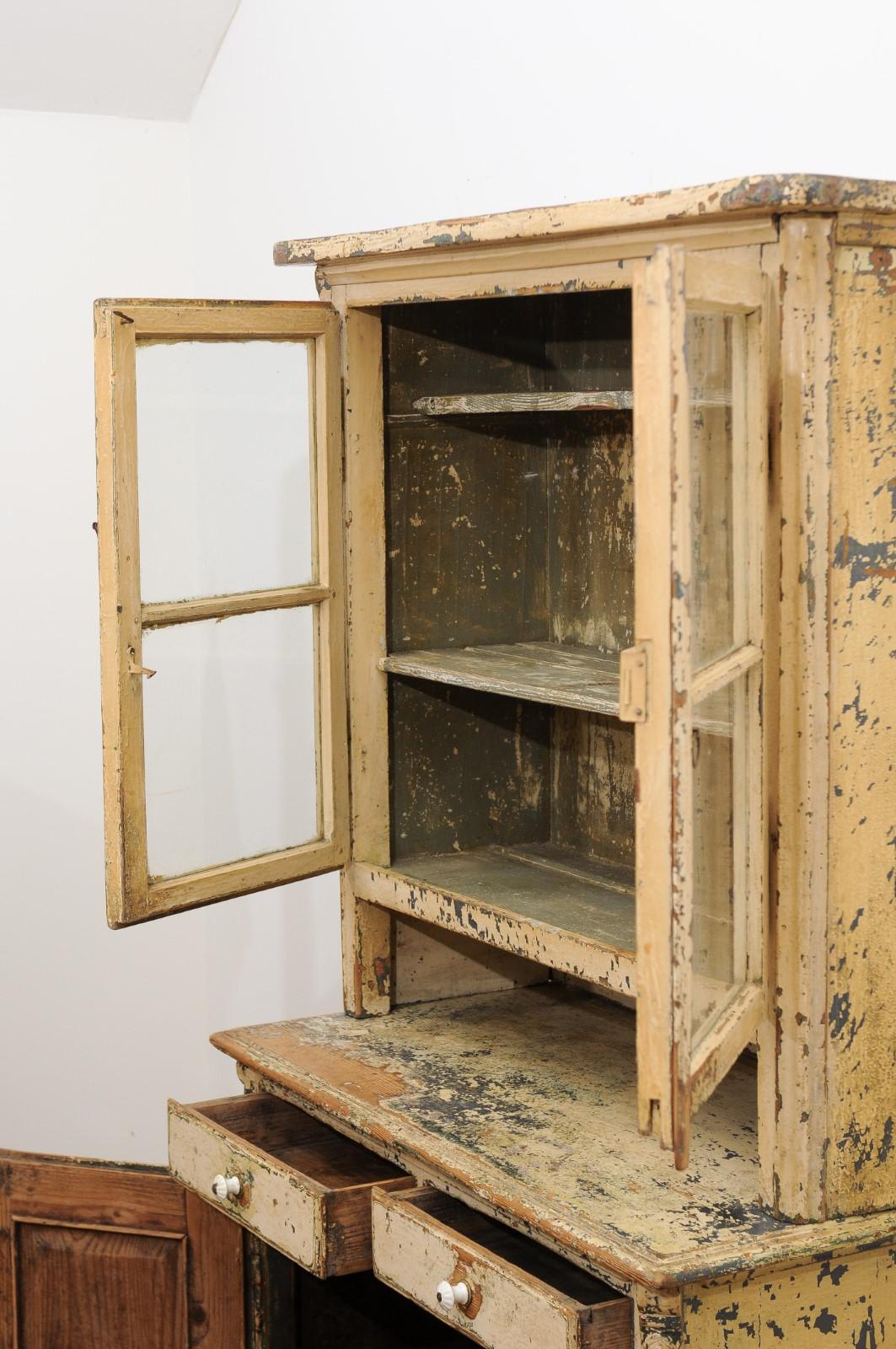 19th Century American Rustic Cabinet with Glass Doors and Distressed Finish 1