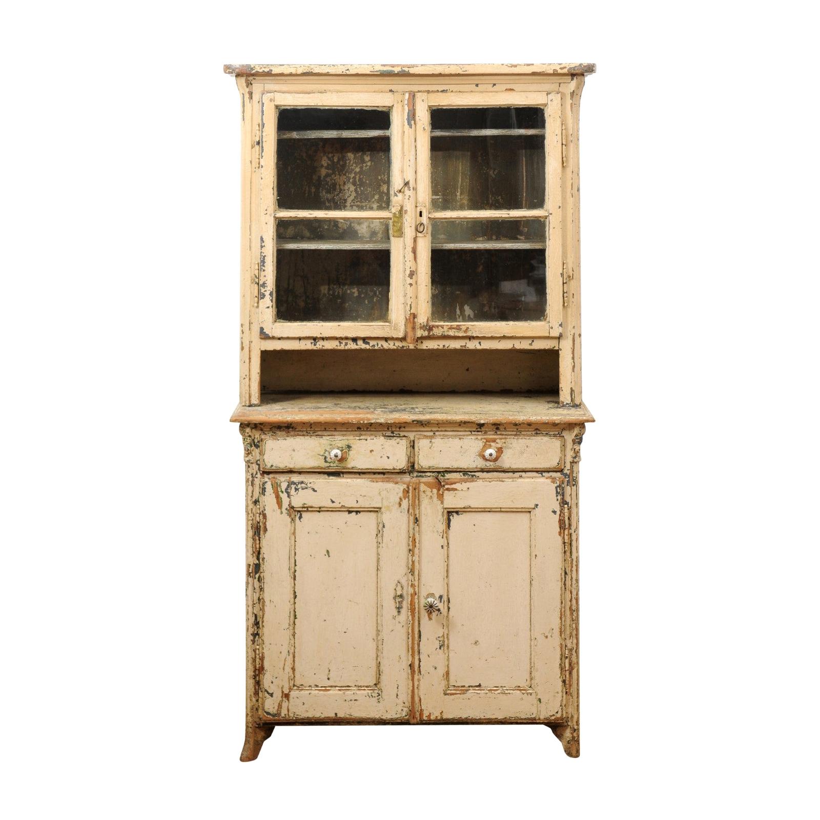 19th Century American Rustic Cabinet with Glass Doors and Distressed Finish