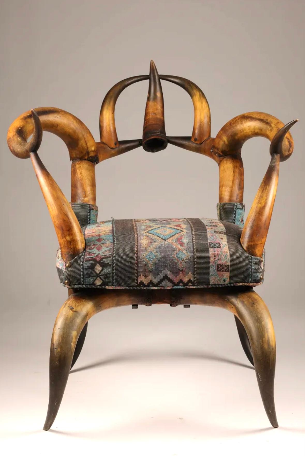 Cattle horn furniture reached the height of its popularity in America in the 1880’s.  This chair dates to around the last quarter of the 19th century.  It is a fine example of American craftsmanship evoking the spirit and adventure of the Wild West.