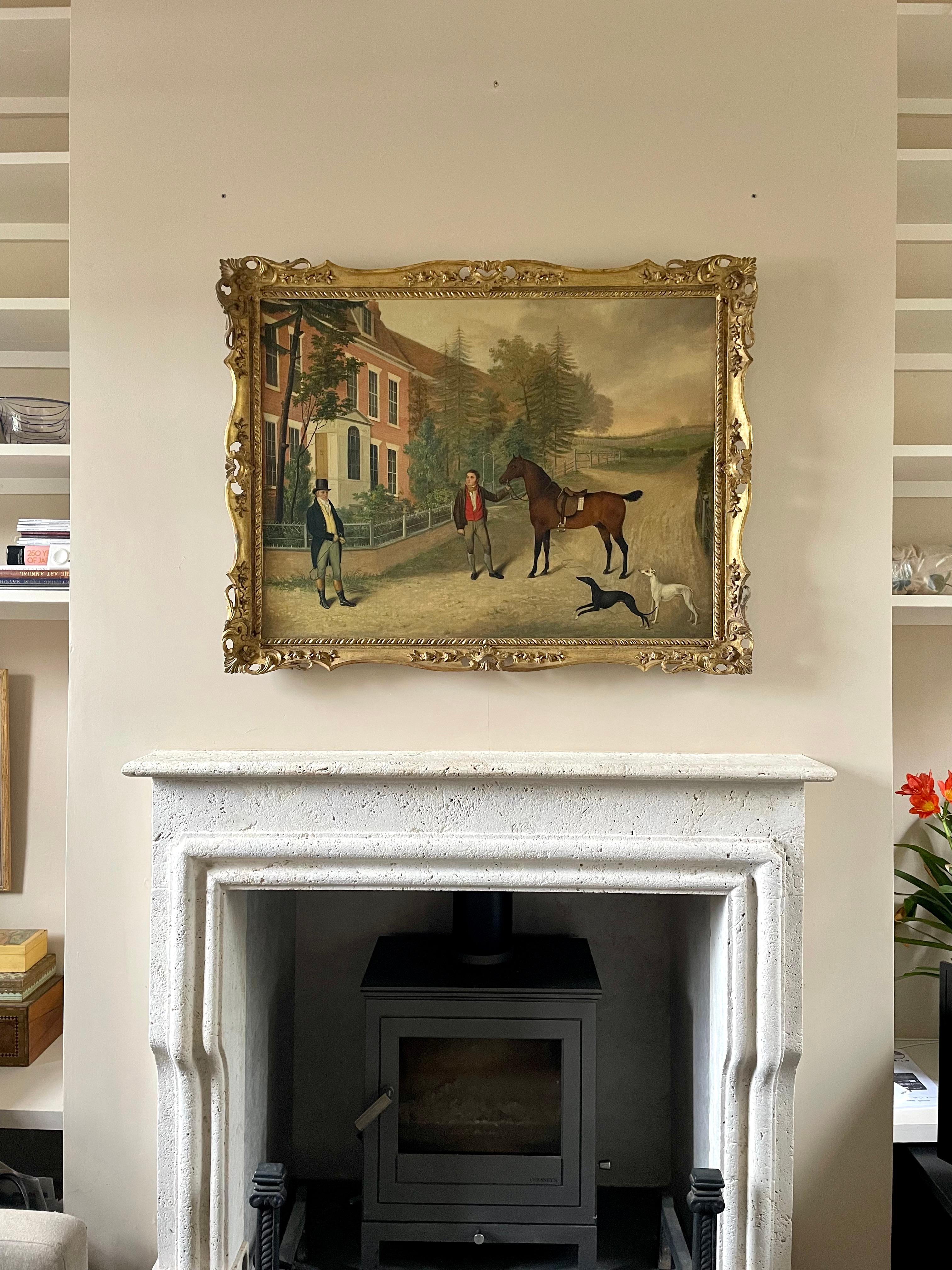 19th Century American School - Gentleman with Groom, Horse and Hounds by a House For Sale 9