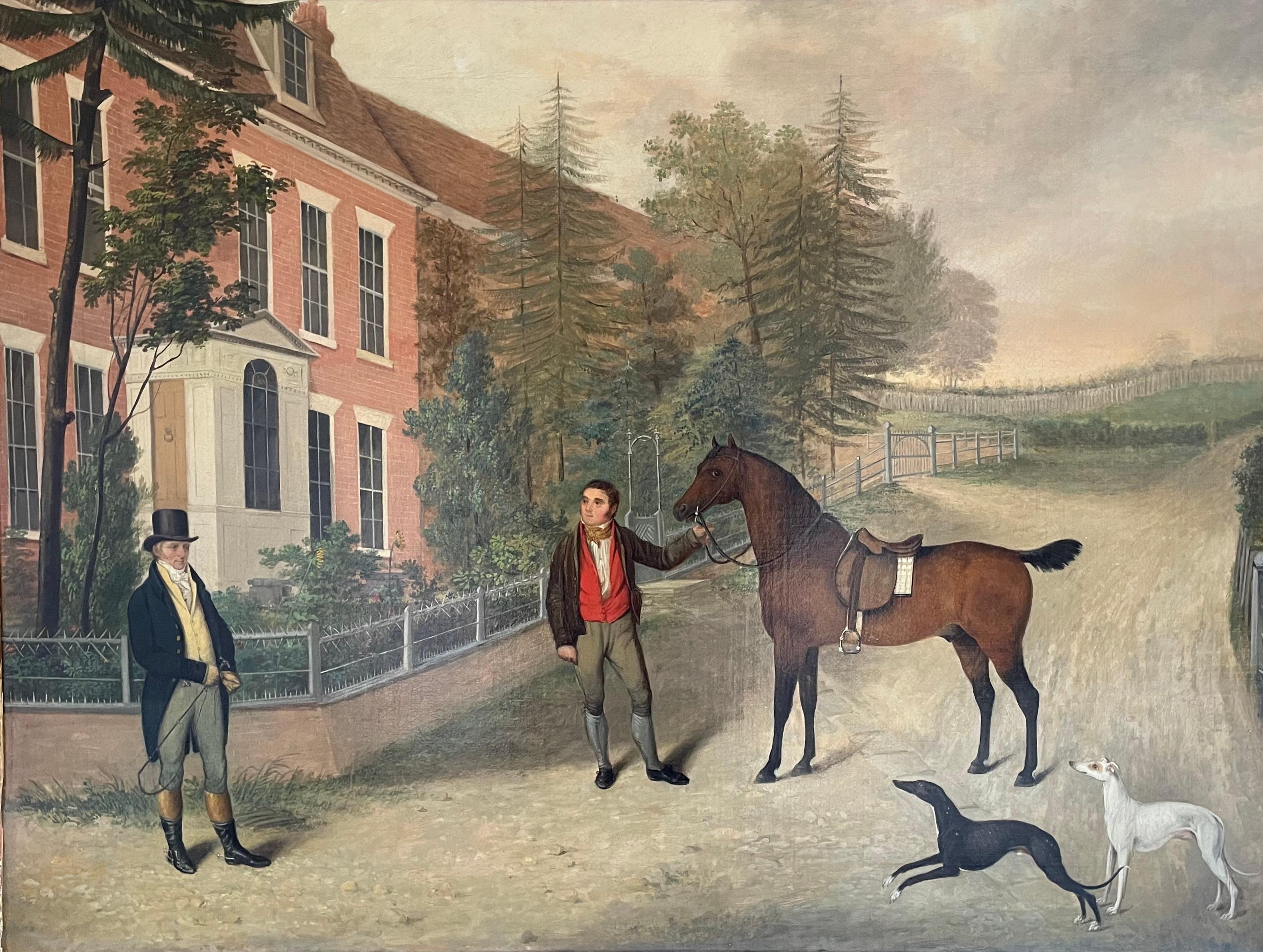 19th Century American School - Gentleman with Groom, Horse and Hounds by a House For Sale 1