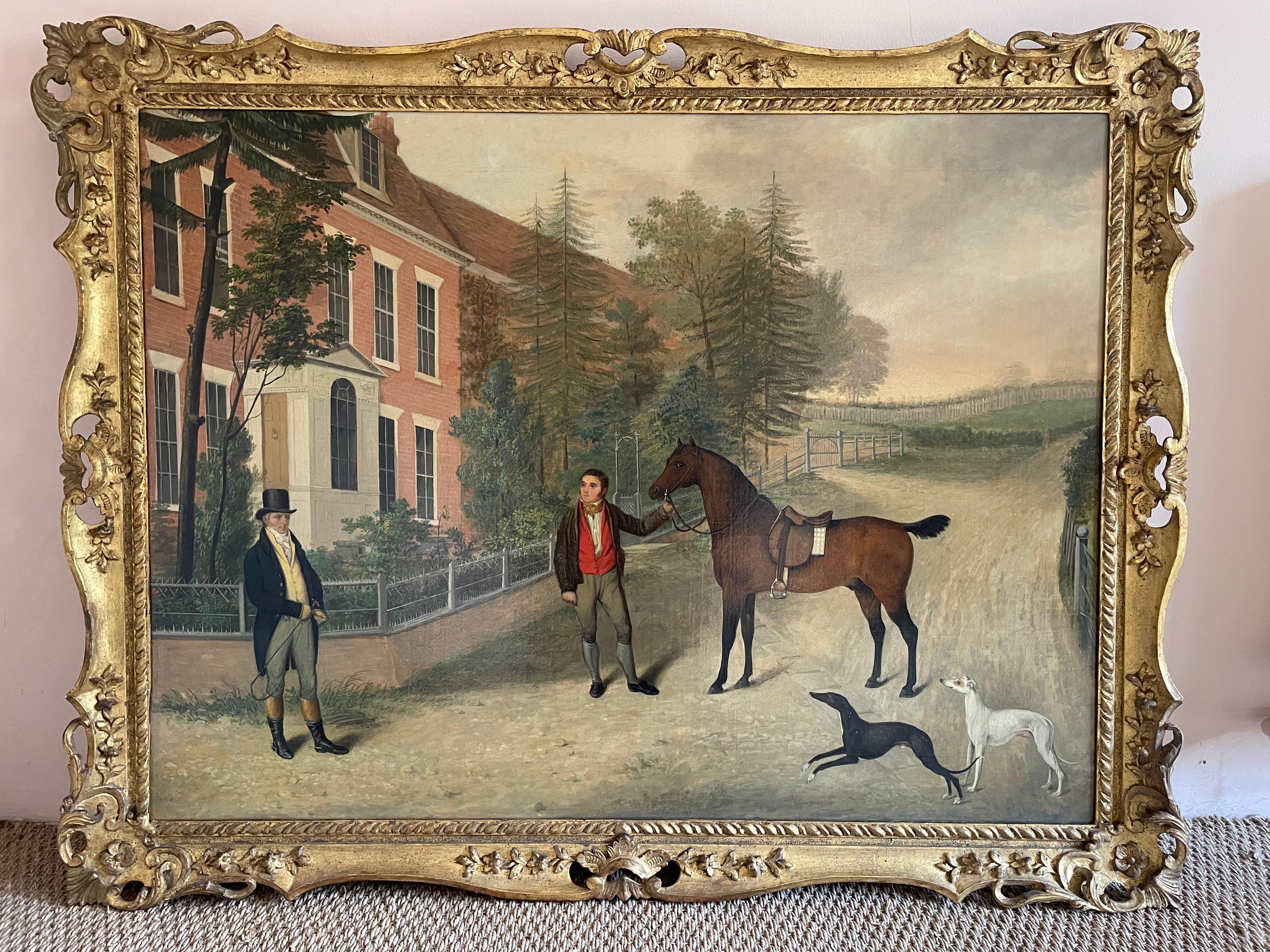 19th Century American School - Gentleman with Groom, Horse and Hounds by a House For Sale 2