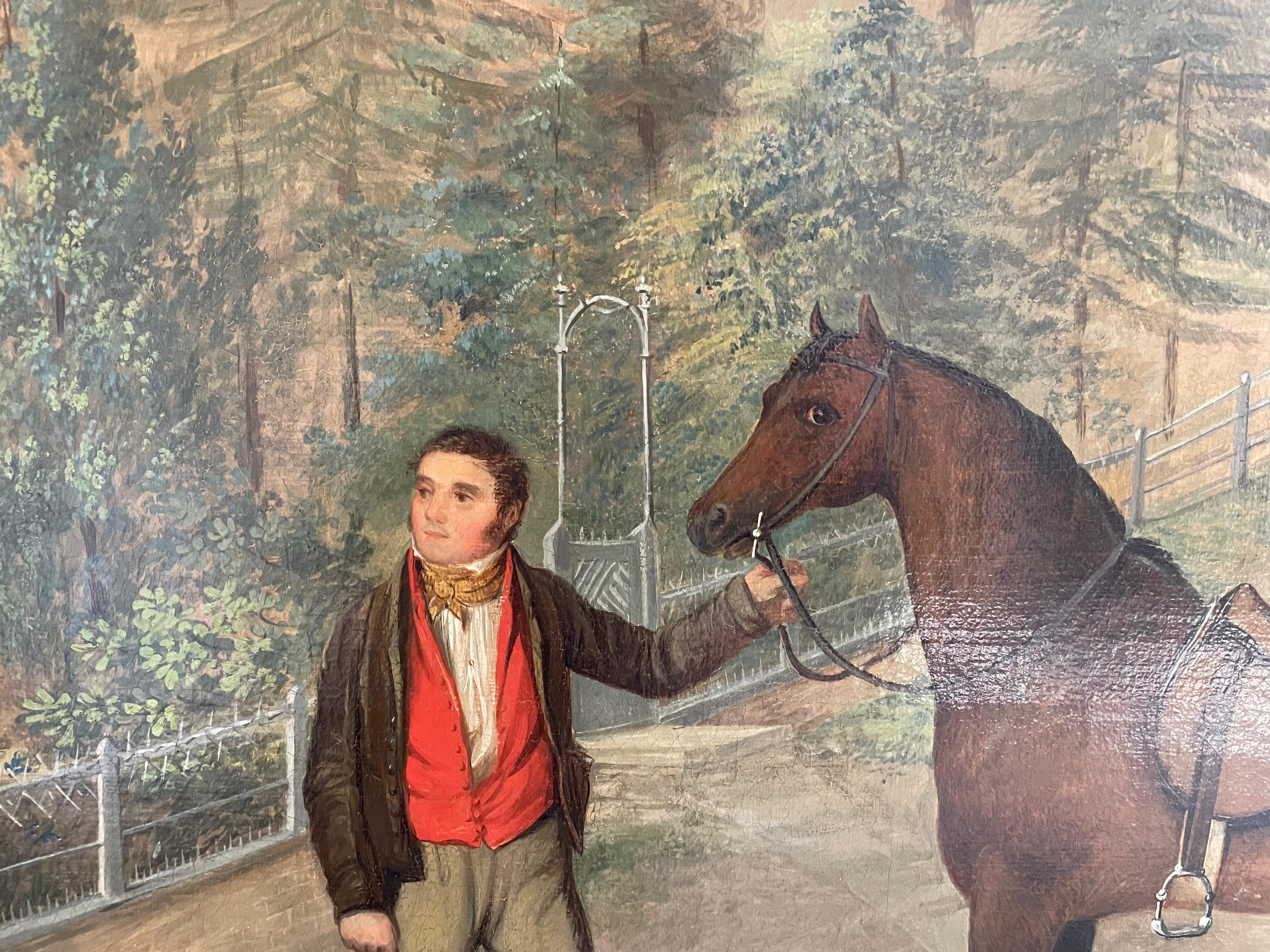 19th Century American School - Gentleman with Groom, Horse and Hounds by a House For Sale 4