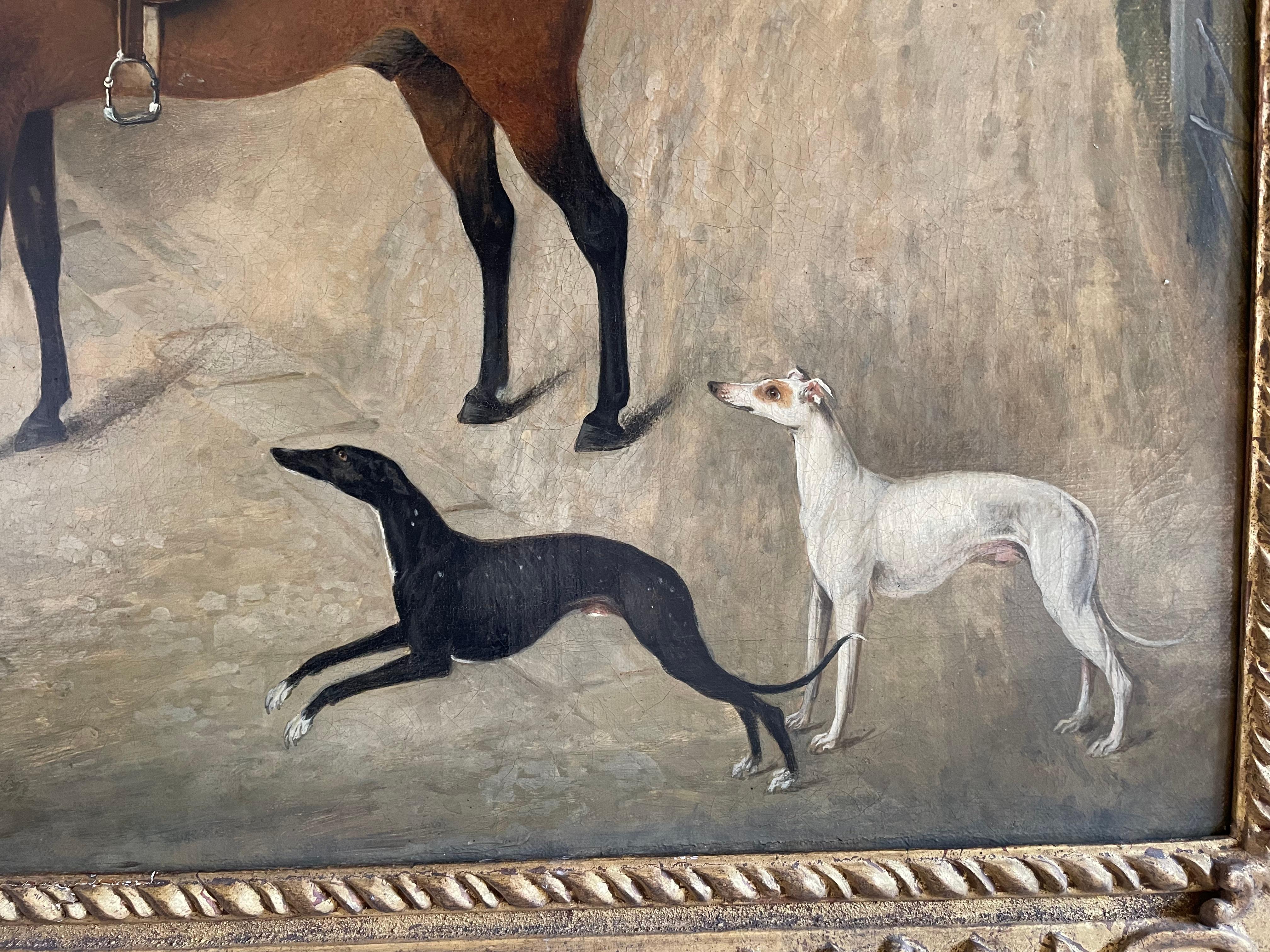 19th Century American School - Gentleman with Groom, Horse and Hounds by a House For Sale 5