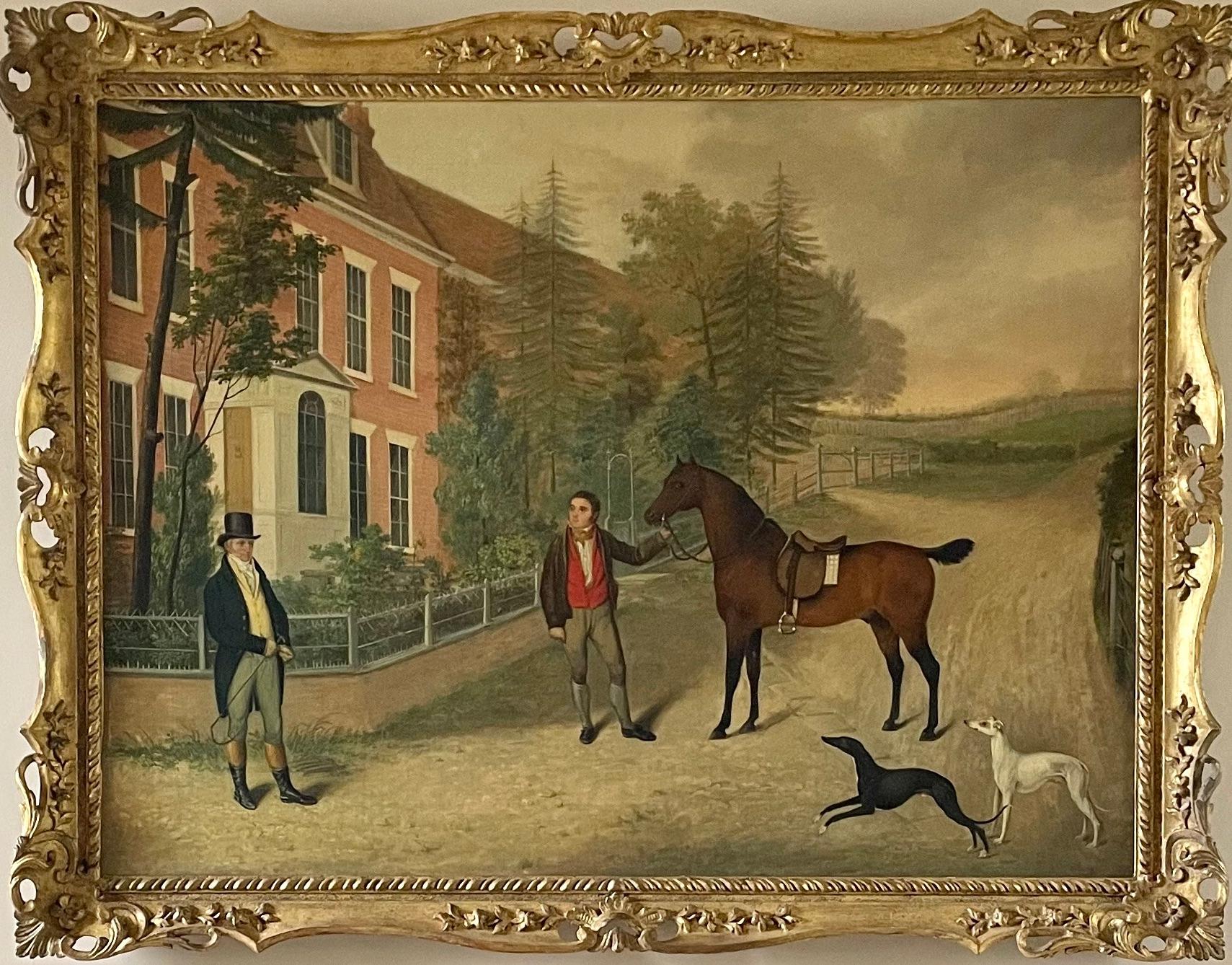 19th Century American School - Gentleman with Groom, Horse and Hounds by a House For Sale 8
