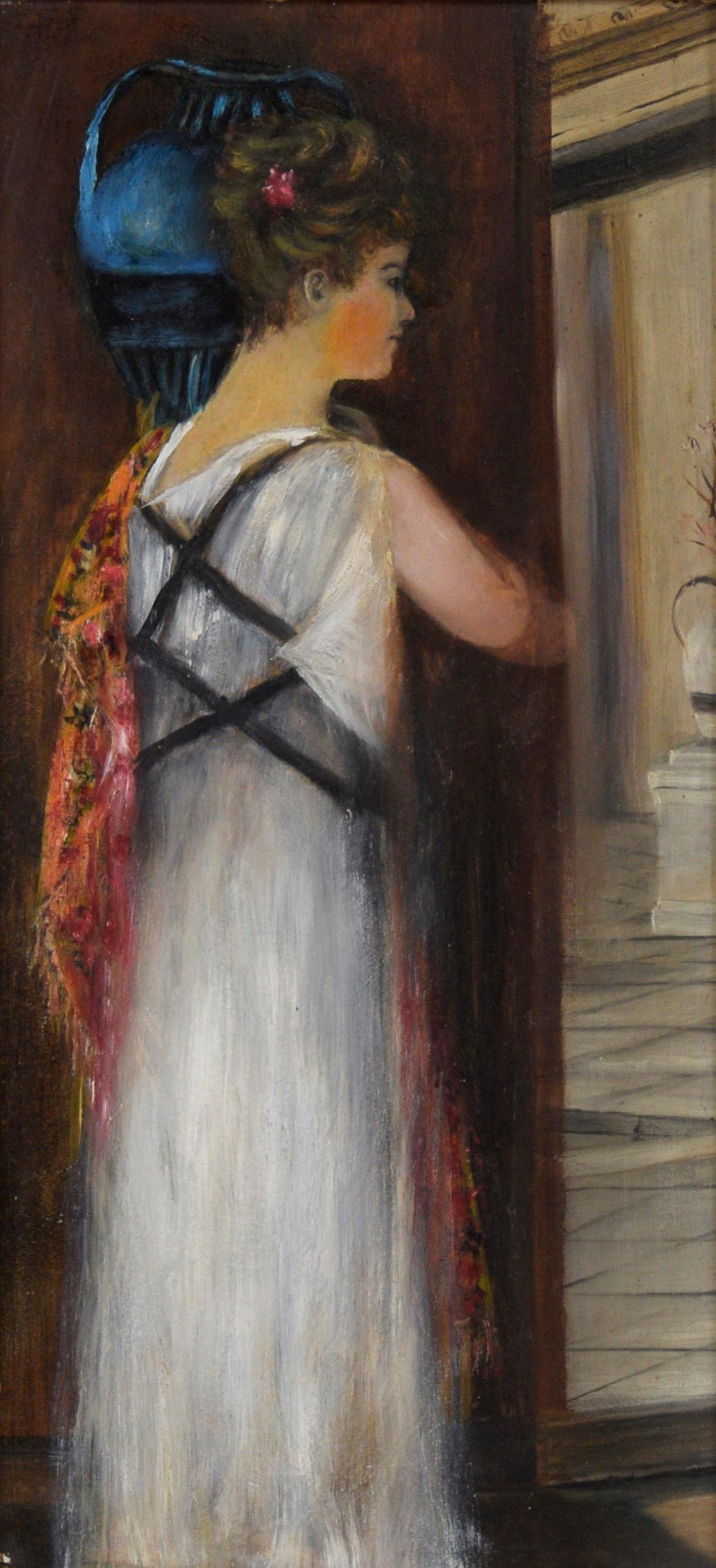 Athenian Woman Carrying a Water Jar In a White Dress
Beautiful painting by a Central California artist circa 1890s (American 19th c). Oil painting of a Athenian woman holding a blue water vase on her shoulder with a red and orange shawl draped over
