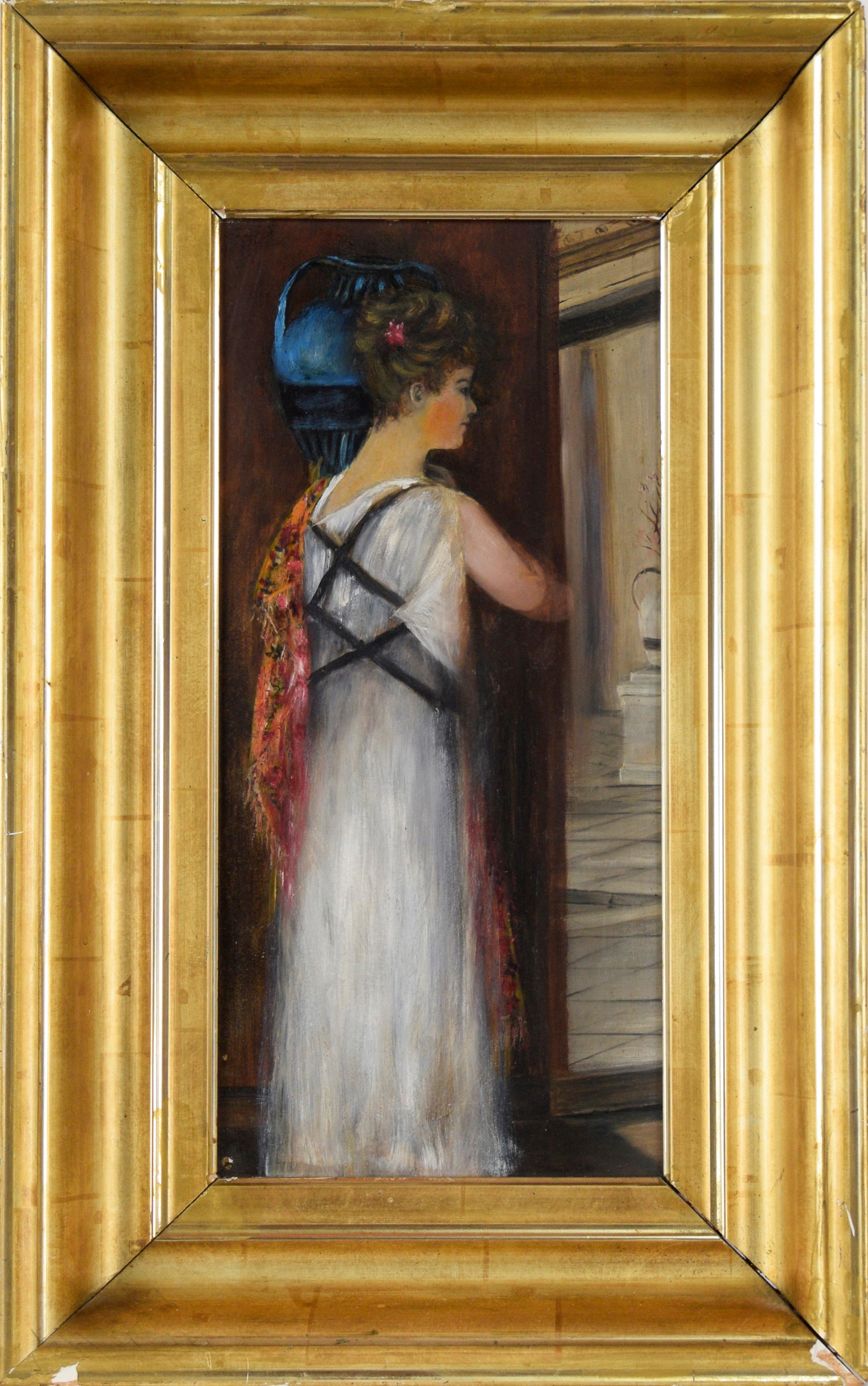 Athenian Woman Carrying a Water Jar In a White Dress - Painting by 19th Century American School