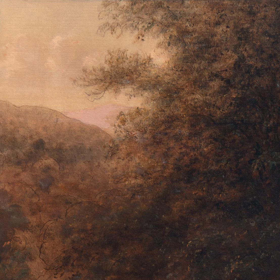 'Paesaggio boschivo illuminato dal sole', olio di grandi dimensioni sulla valle del fiume Hudson, Luminism, New York 1
