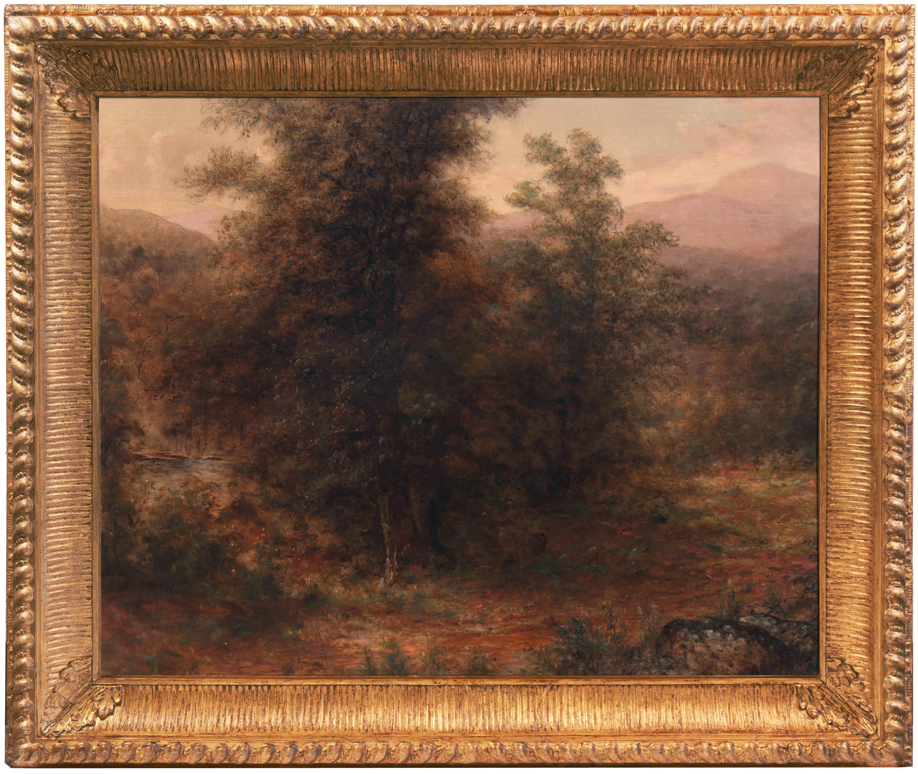 19th Century American School Landscape Painting - 'Sunlit Woodland Landscape', Large Hudson River Valley Oil, Luminism, New York 