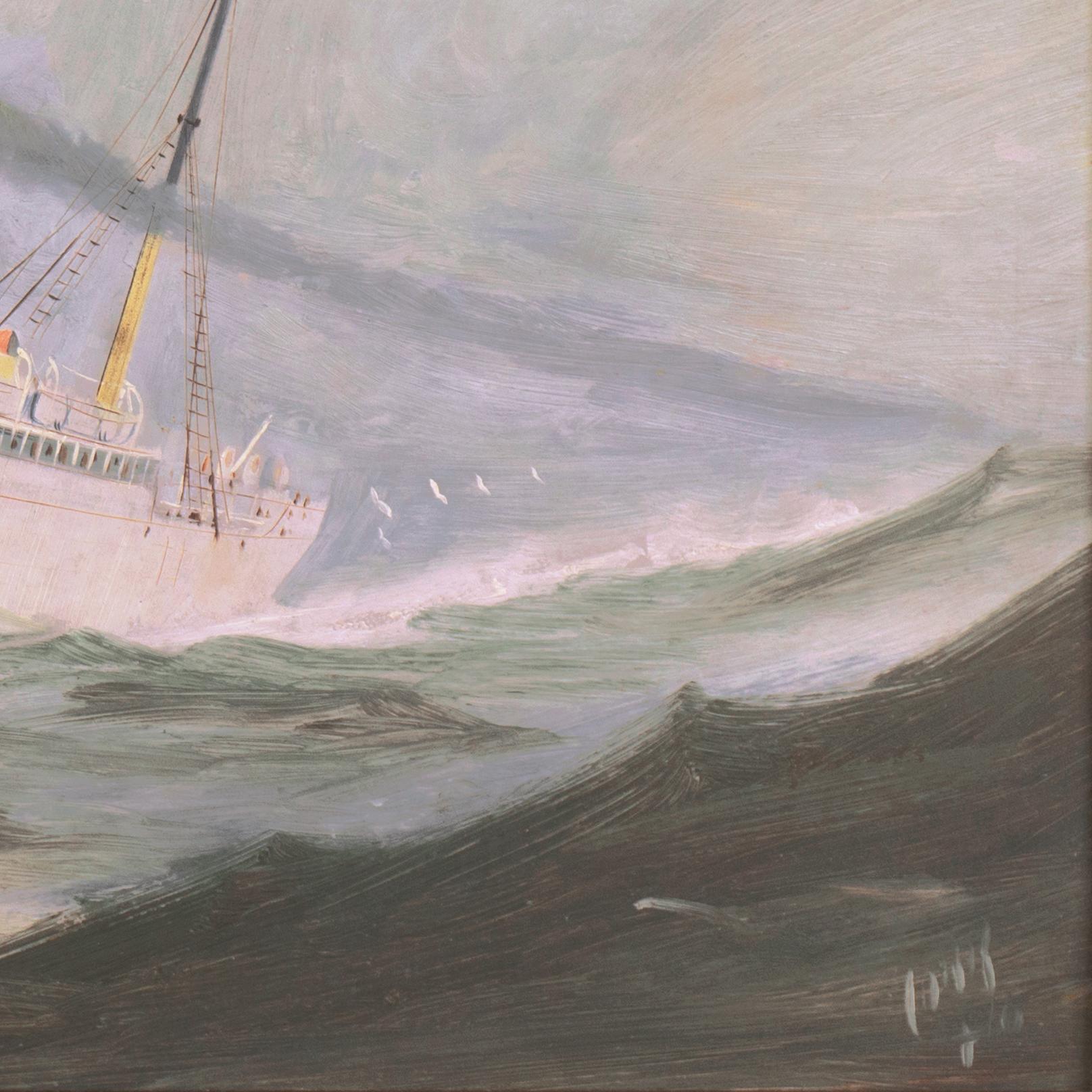Le S.S. San Jose est montré en train de faire son chemin dans les eaux moyennes. Ce premier cargo réfrigéré, construit en 1904, était destiné au transport de bananes entre les Caraïbes et le continent américain. Peint en blanc pour abaisser la